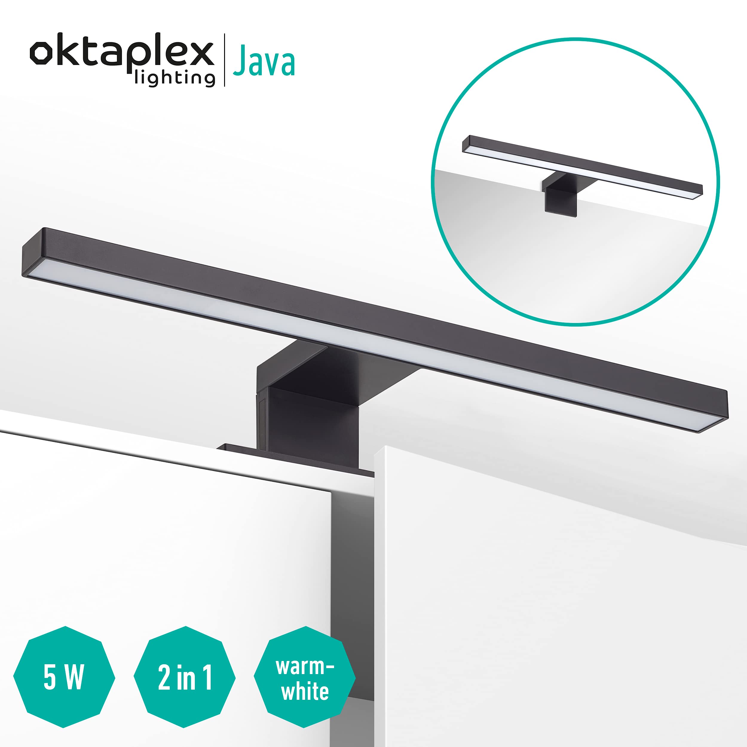 Lámpara LED de Espejo Baño Java 30Cm 5W 3000K IP44 Montaje 2 en 1: Luz de Espejo o Armario 320Lm - Luz Blanca Cálida - Negro