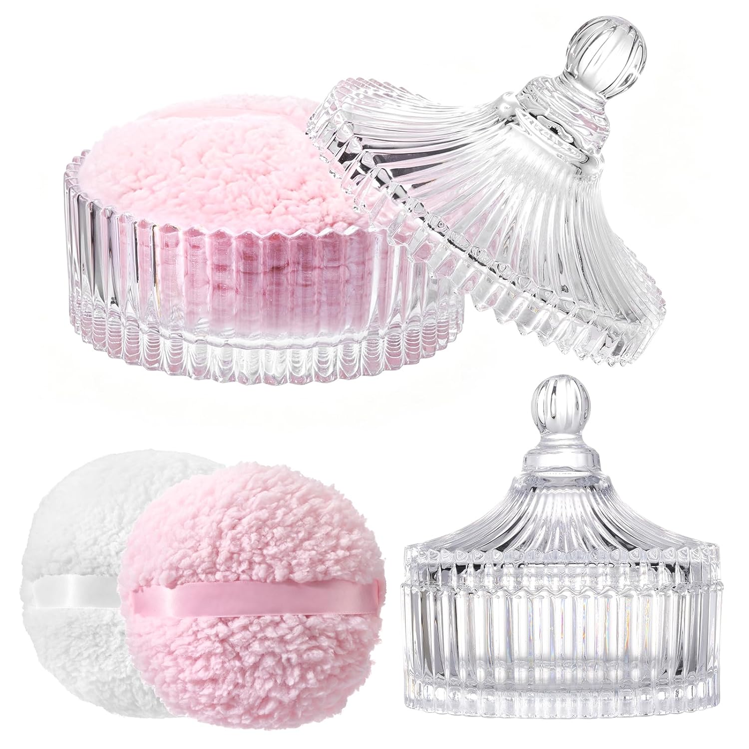 Extra Large Dusting Powder Puff and Container, 6 Inch Washable Powder Puff for Body Powder, Glass Powder Container with 2 Puff for Women, Clear
