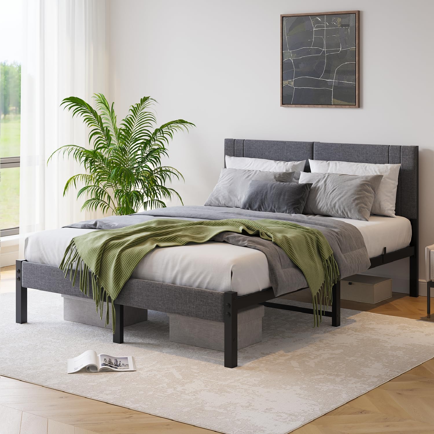 Queen Bed Frame, DUMEE Bed Frame Queen Size with Upholstered Headboard, Upholstered Bed Frame with Metal Slats Enhanced Support, No Box Spring Needed, Dark Gray Queen Bed - Image 3