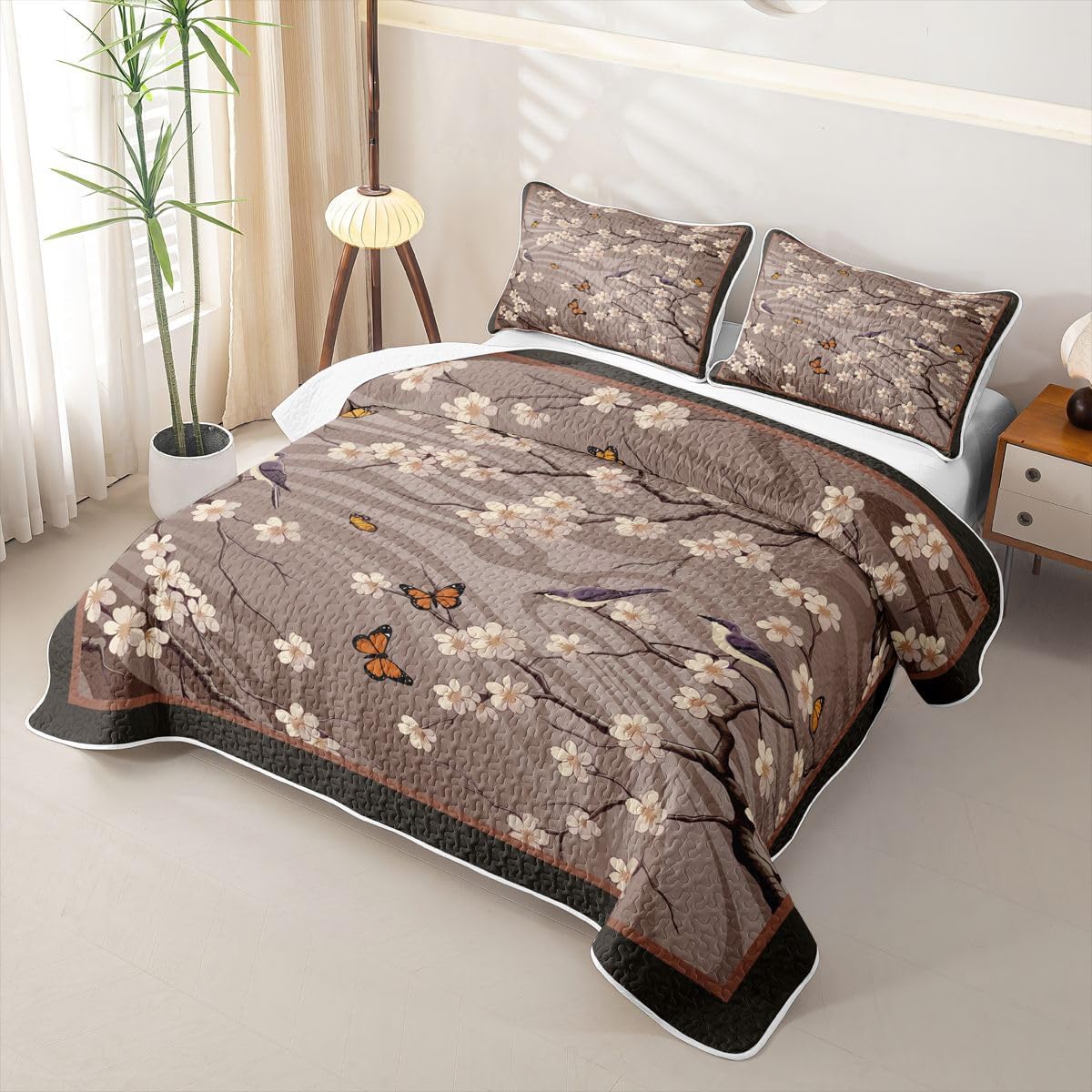 jejeloiu Oriental Floral Birds Quilt Set Queen Size Bedspread Kids