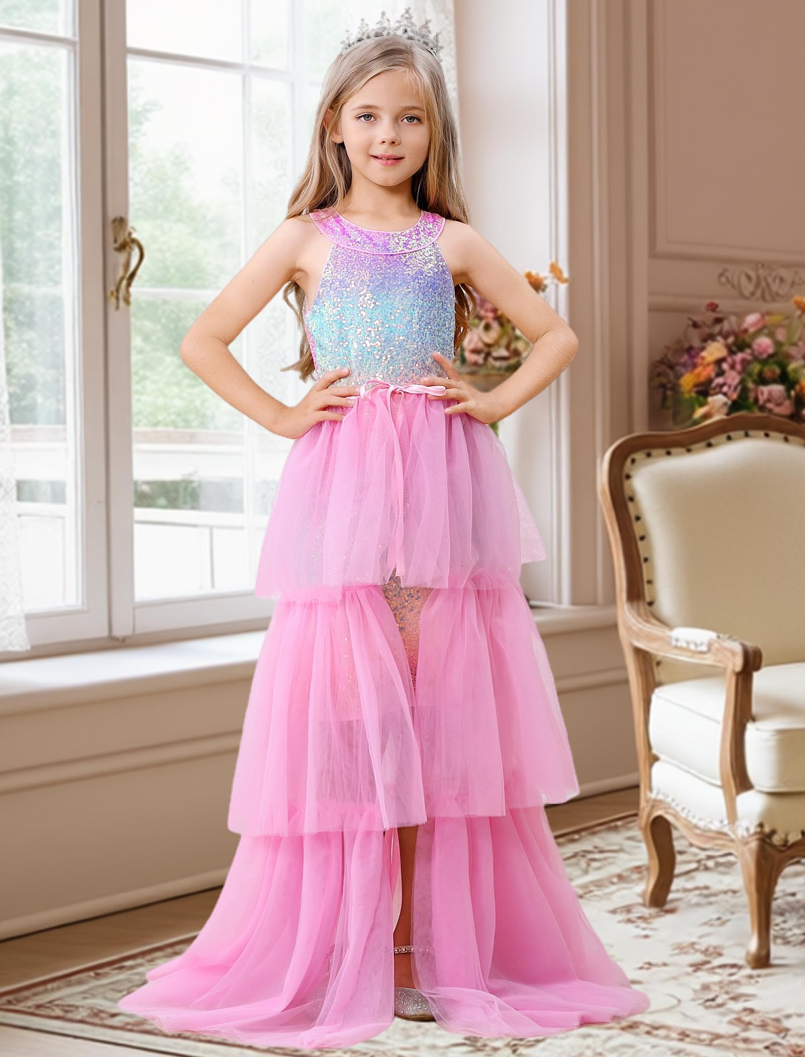 Condition photo showing New/Like New for Girls Sequin Dress Halter Formal Pageant Prom Party Graduation Dress with Three Layer Mesh Size 5-14Y