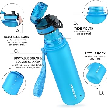 UZSPACE Water bottle is child-sealed, sports plastic beverage bottle, 1 l, 800 ml, 500 ml, Tritan and bisphenol A-free, suitable for sports bottle, carbon dioxide