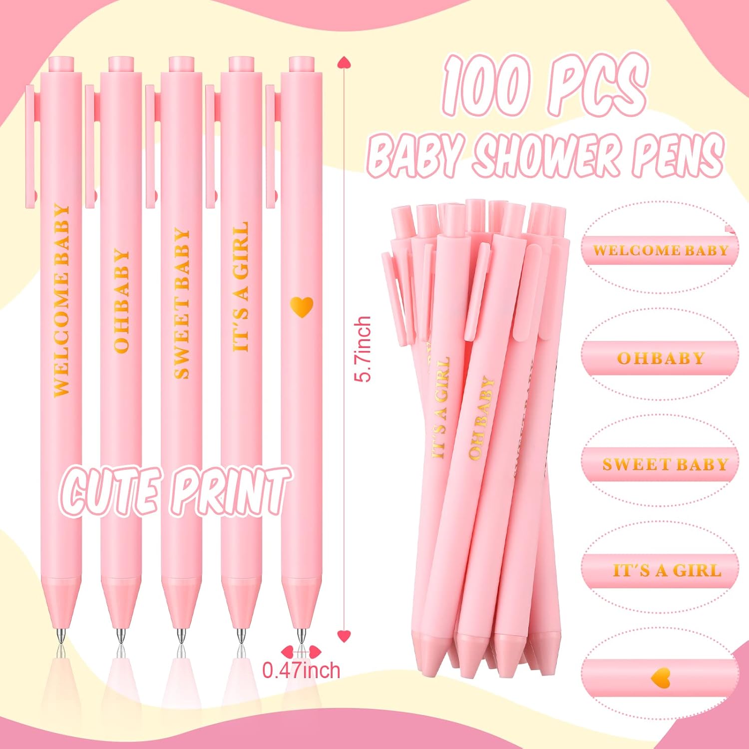 Lincia 100 Pcs Baby Shower Pens Retractable Ballpoint Pen with Black Ink Baby Shower Favors for Girls Party Games Decors Office School Teacher Student Writing Journaling Supplies(Girl)