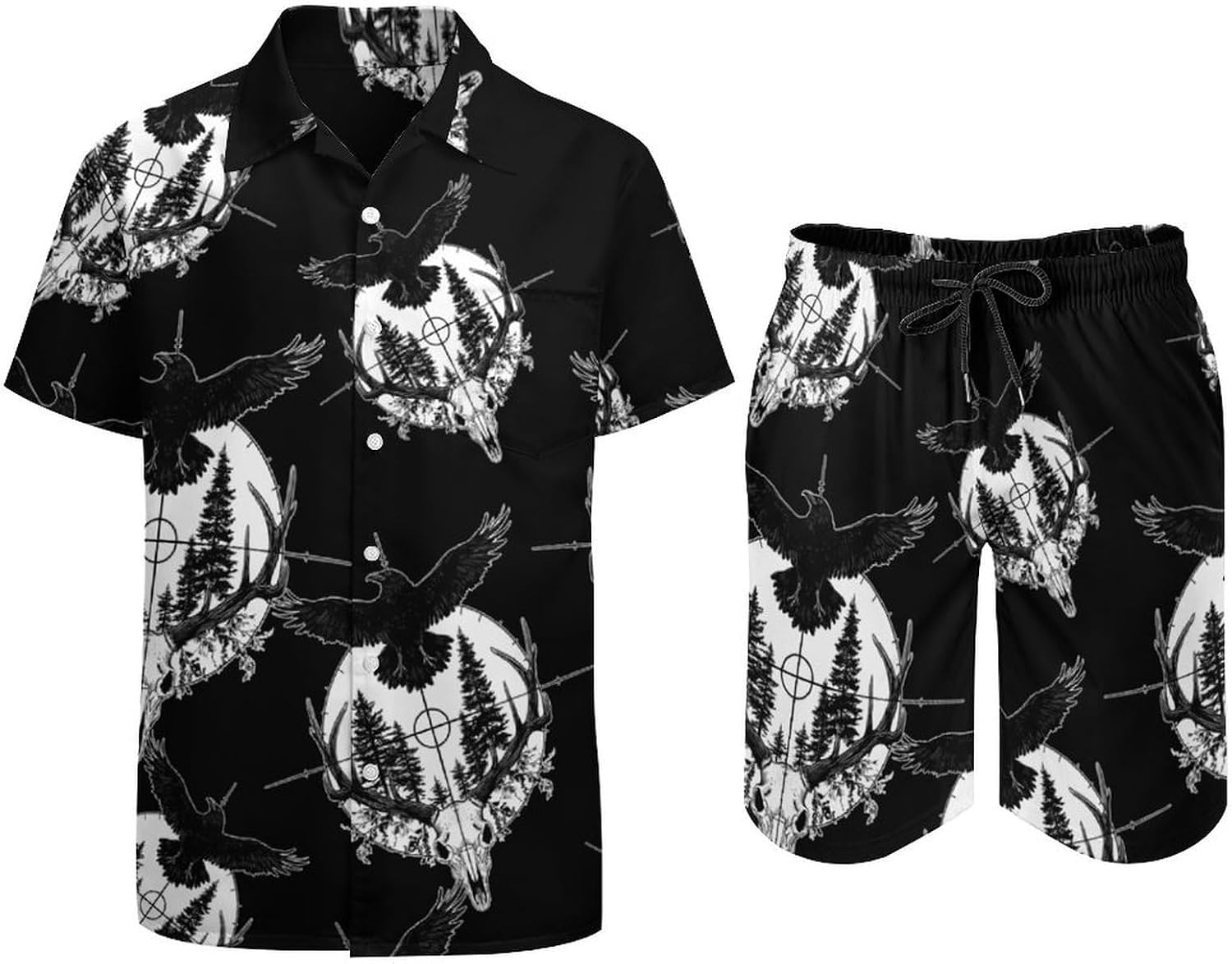 Hunting Deer Hunt Ravens Skull Men's Summer Beach 2 Piece Outfits | hawaiian button down shirt and shorts,vacation cruise,mens bathing suit