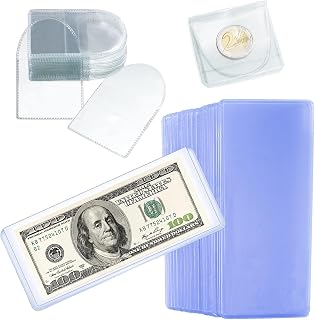 20PCS Dollar Bill Sleeves and 50PCS Single Pocket Coin Sleeves Sets,Individual Clear Plastic Currency Sleeve Bill Protector Coin Holders,Currency Bill Holders&Coin Protectors Case for Collectors