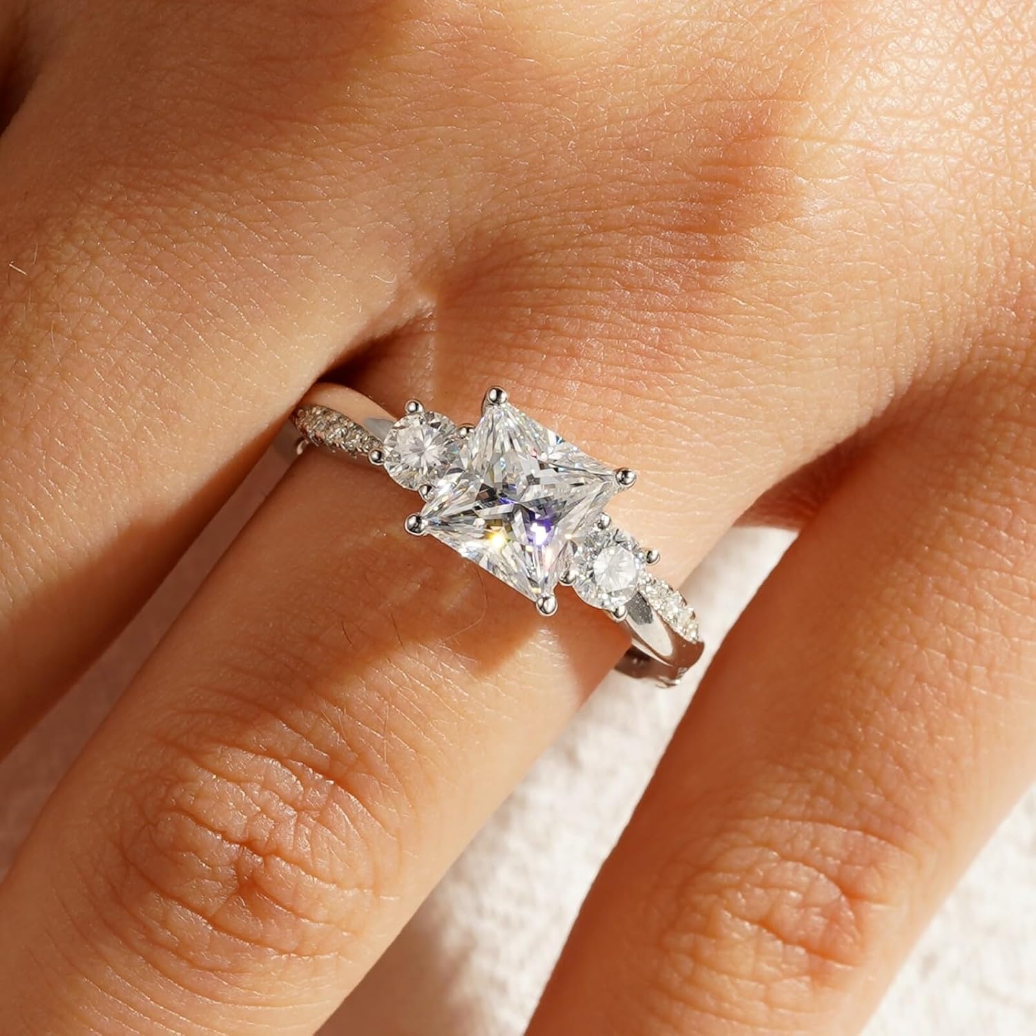 MSBLUE® Twist Vine Moissanite Engagement Ring, 1.0-3.0 CT Princess-Cut, 14K White Gold Vermeil, Rhodium Finish - Image 2