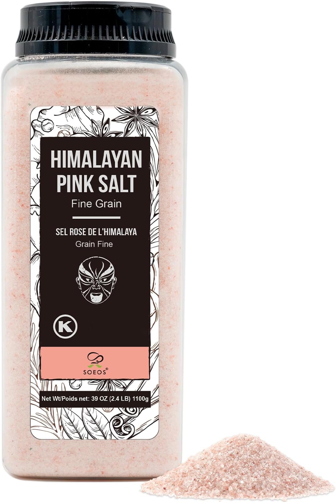 Soeos Himalayan Pink Salt, Fine Grain, 38.8oz (2.4 LB), Non-GMO Himalayan Salt, Kosher Salt, Pink Himalayan Sea Salt