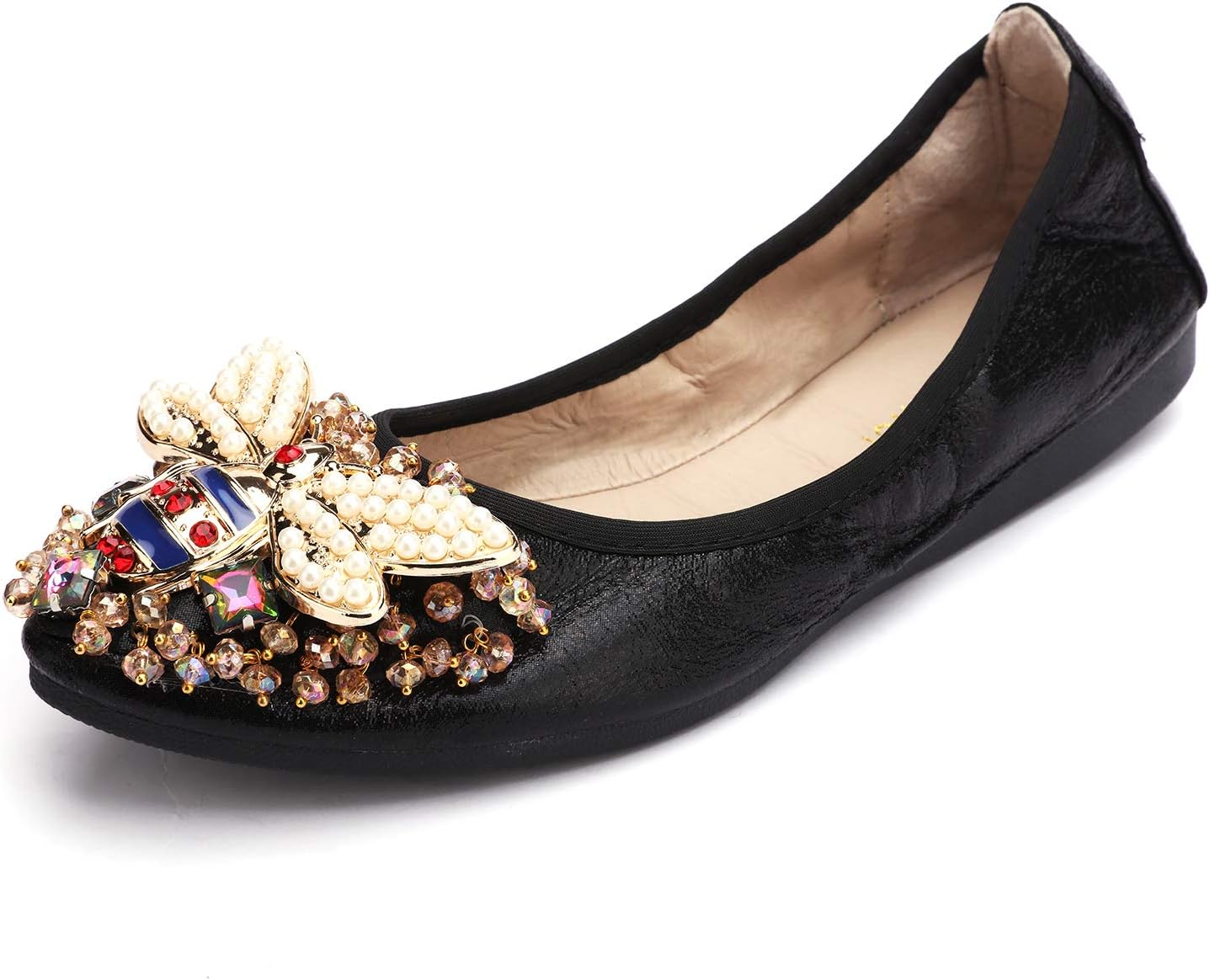 Stylein Womens Foldable Rhinestone Flats Ballet Bling Slip On Loafers Black