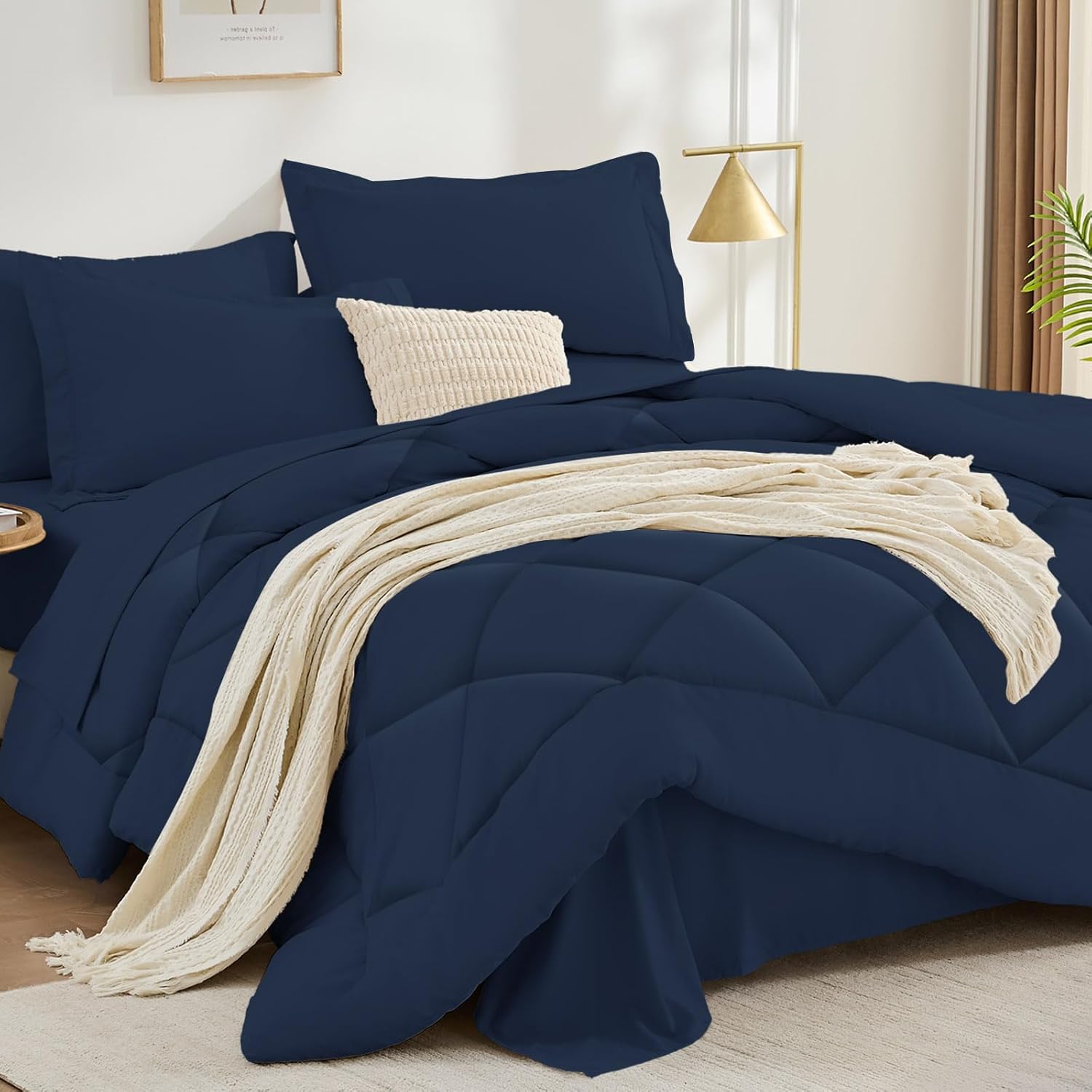 FUANNA 7 Pieces King Size Comforter Set, All Season Bed in a Bag King Size, Luxury Soft Bedding Sets with Comforter, Flat Sheet, Fitted Sheet, Pillowcases & Pillow Shams, Navy Blue