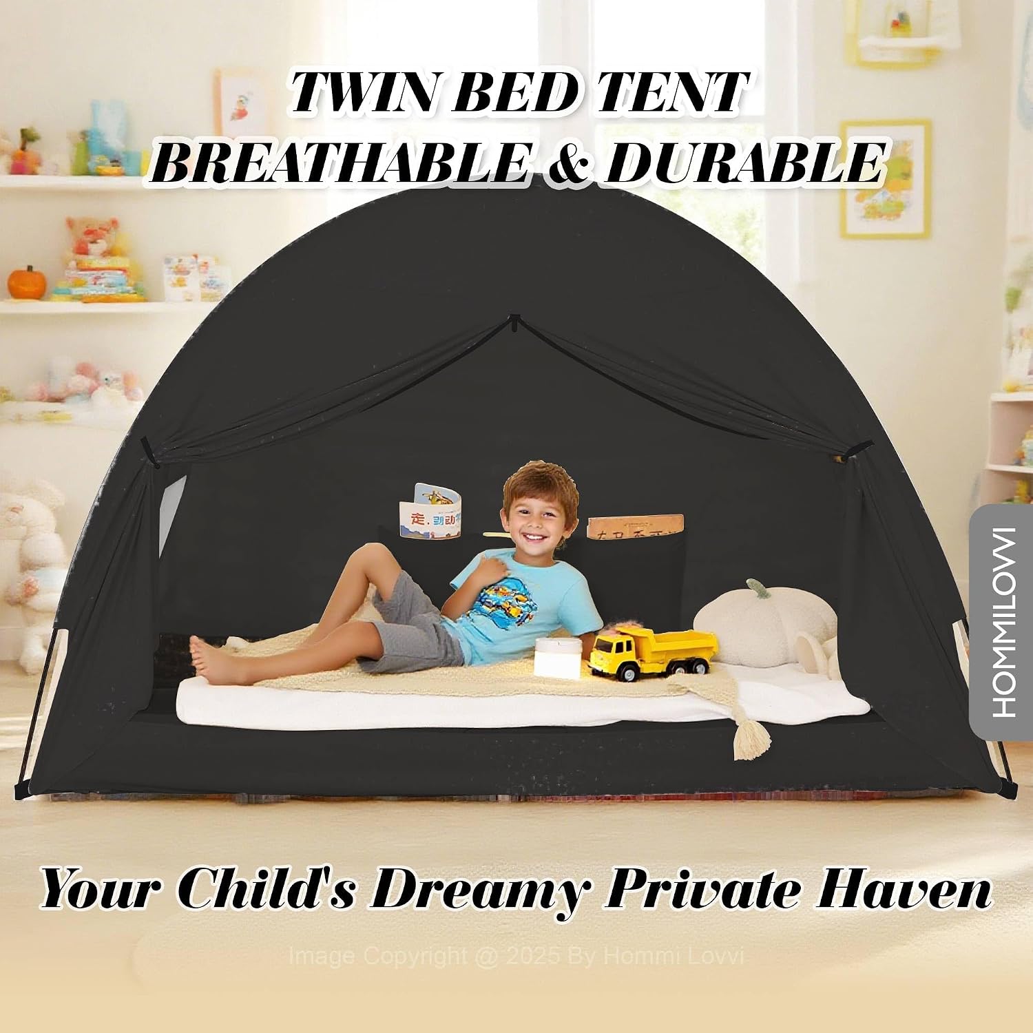 Hommi Lovvi Twin Bed Tent for Boys, Indoor Blackout Sleeping Tent with Dreamy Canopy, Breathable Privacy Bunk Beds, Ideal for Drafty Rooms or Cottage-Style Spaces, Black
