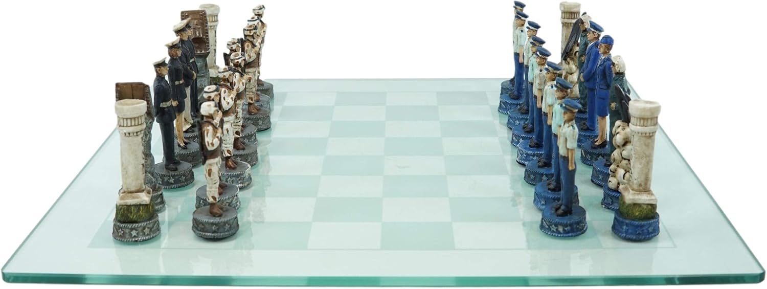 Ebros Patriotic American Military Branches US Air Force VS Marine Corps Chess Pieces with Clear Frosted Checkered Glass Board Set Fun Gaming Educational Game