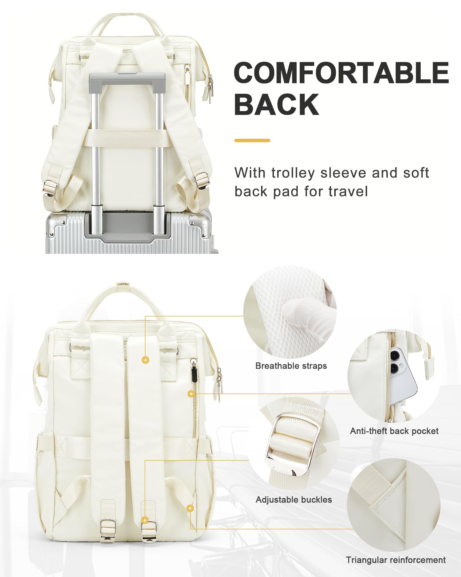 winspansy Travel Laptop Backpack for Women Men, Aesthetic Personal Item Size Carry on Backpack, Weekender College Casual Daypack Work Backpack Purse Waterproof Nurse Bag Fits 15.6 Inch Laptop, Beige