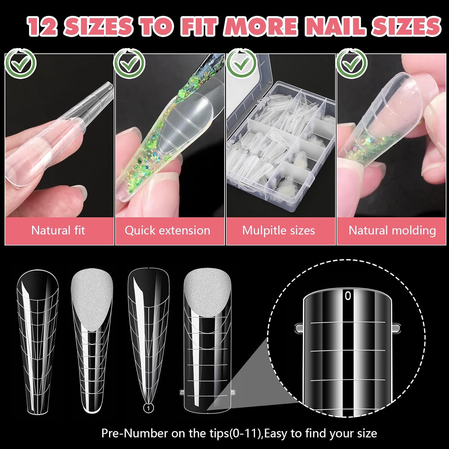 JSRQT 288Pcs Nail Dual Forms Kit for Polygel,Duet System Nails Forms for Extension,Silicone Molds Acrylic Nail Tips Forms Sticker,4 Styles 12 Sizes Scale