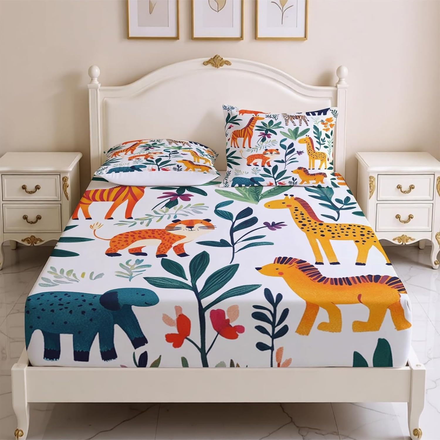 Cartoon Fitted Sheet Animals Bed Sheets Deep Pocket 12 inch (30 cm) Soft Cozy 3 Piece Microfibre Bed Sheet 200x200 cm with 2 Pillowcases 50x75 cm