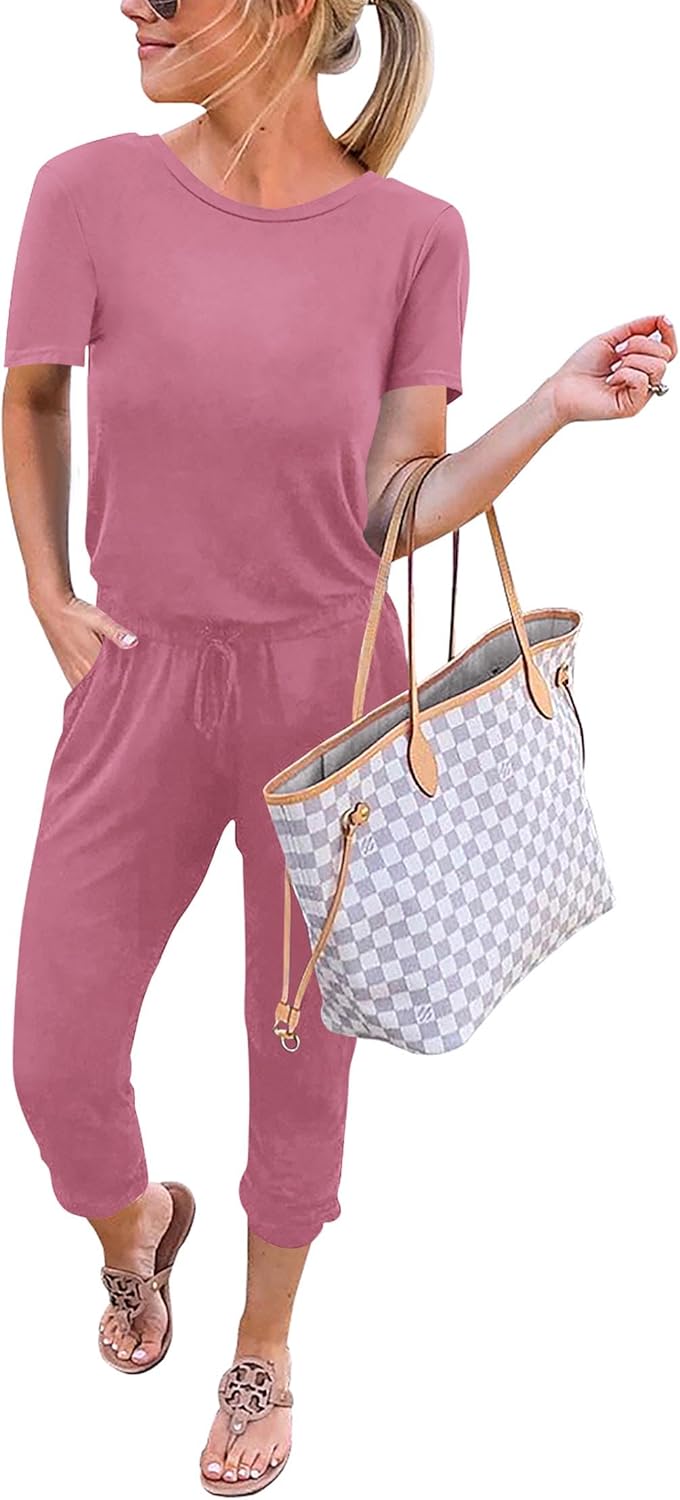 KIRUNDO Jumpsuits for Women Summer 2025 Casual Short Sleeve One Piece Outfits Drawstring Waist Long Pants Romper Jumpers