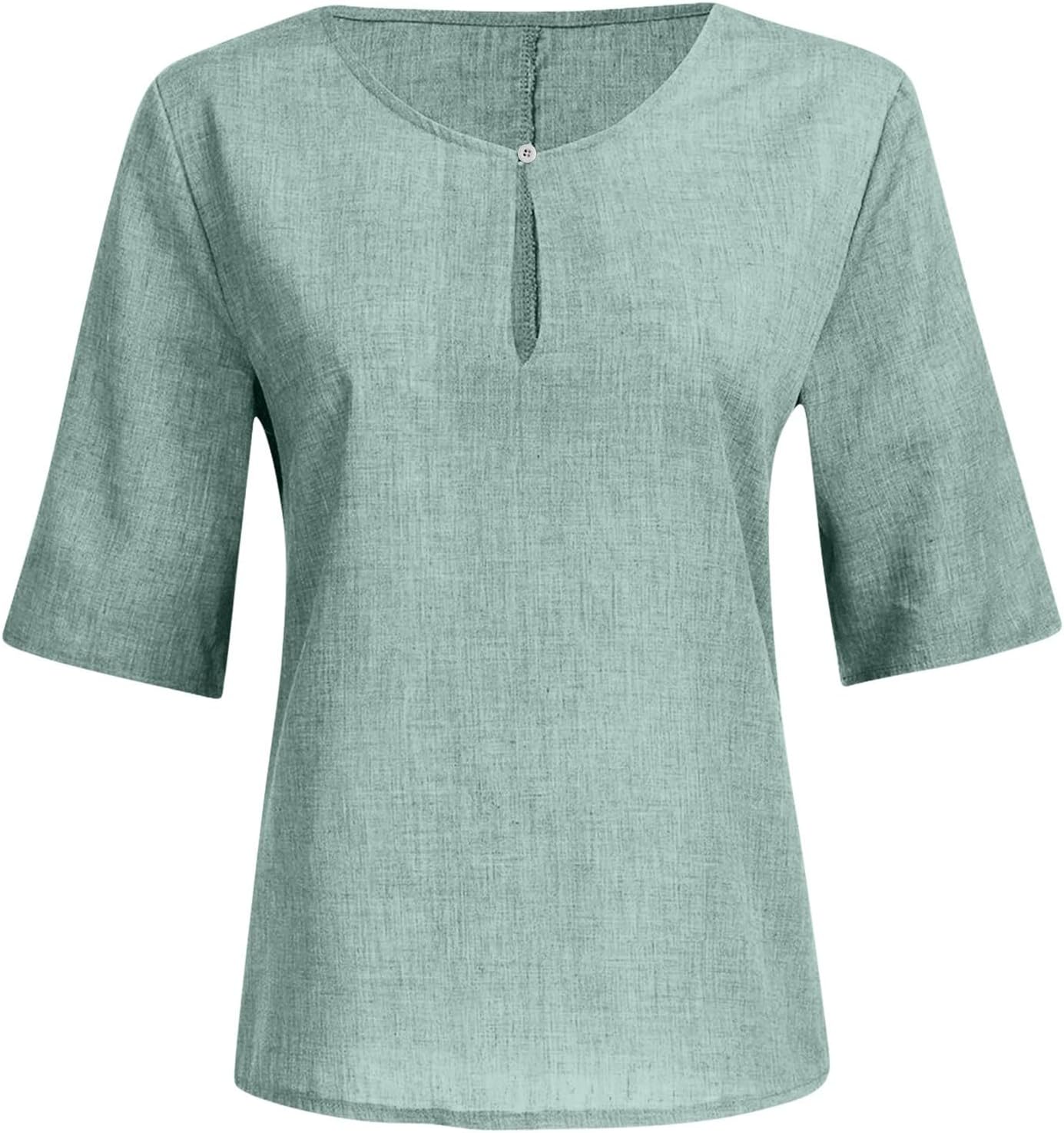 Womens Linen Shirts Short Sleeve Oversized Casual Loose Fit Tops Side Slit V Neck Tshirts Summer Cotton Tees Blouse