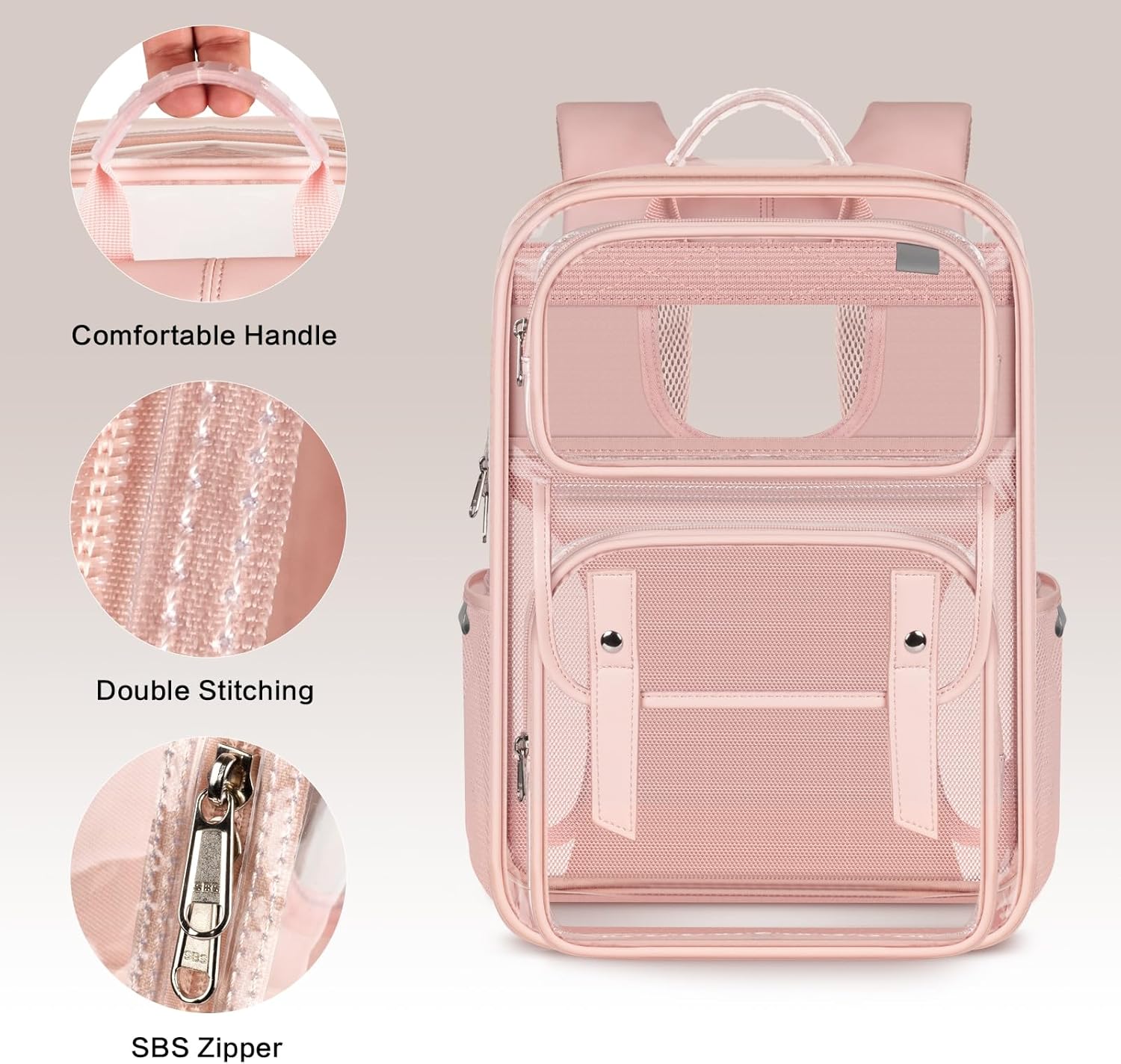 Clear Backpack Heavy Duty, Transparent Bookbag with Reinforced Straps Multi-pockets PVC See Through Backpacks for College Work Travel - Pink - Image 3
