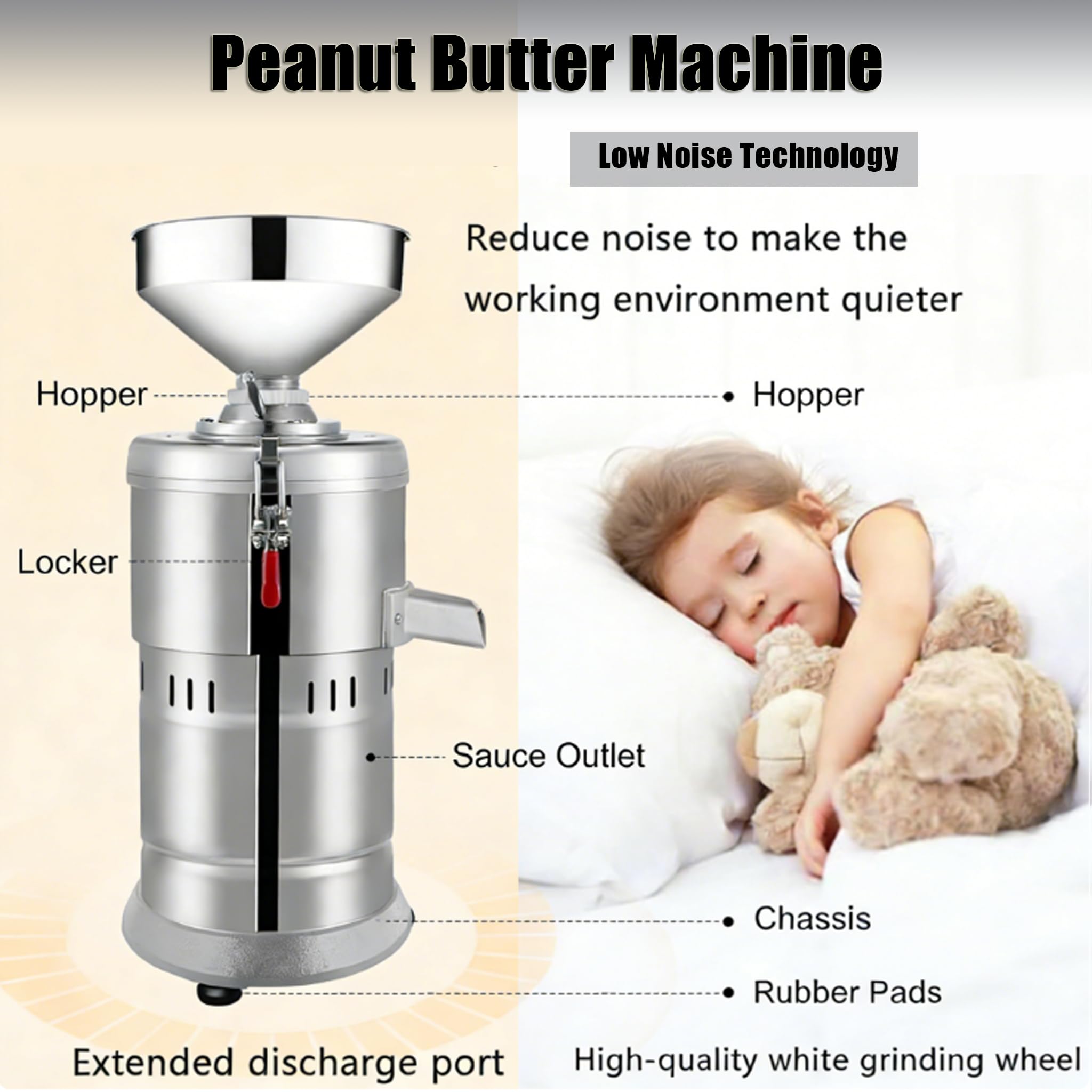 MáQuina Comercial para Hacer Mantequilla de Maní,Molinillo De Acero Inoxidable De 15 Kg/H para Tahini Suave, Mantequilla de Almendras y MáS, con Cable de AlimentacióN de 1,5 M.