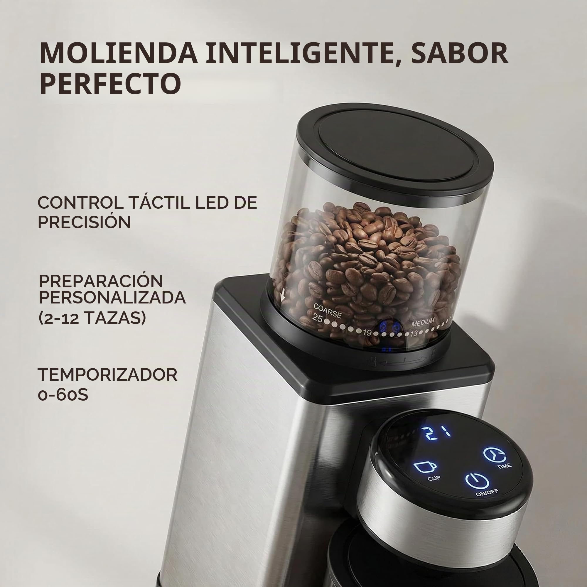 Molinillo de café eléctrico para el hogar, molinillo de cono de acero inoxidable, 25 grados de trituración, molinillo de café silencioso para espresso, café de filtro y jarra de