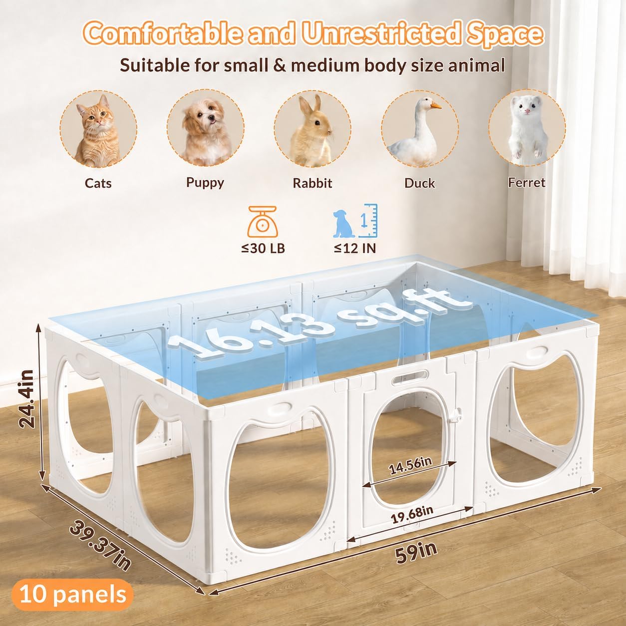 24" Acrylic Dog Playpen, 10 Panels Dog Play Pen Indoors, White | Puppy Playpen for Small Dogs, Cats, Rabbits, Expandable Size, HDPE Frame, Tool-Free Setup, Non-Slip Base, DIY Shapes