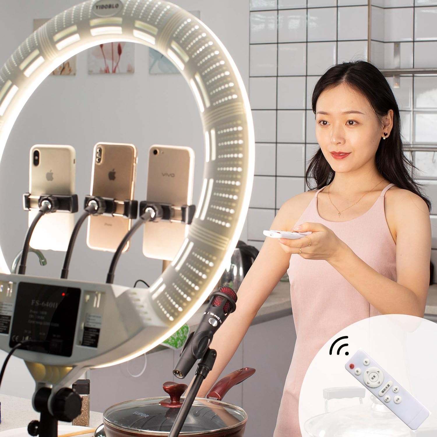 22 Zoll 100W LED-Ringlampe Licht Kits:Handtasche,Infrarot-Fernbedienung und 3 Basen der Handy-Halterung,für Make-up Portrait Selfie YouTube Beleuchtung (ohne Stativ)