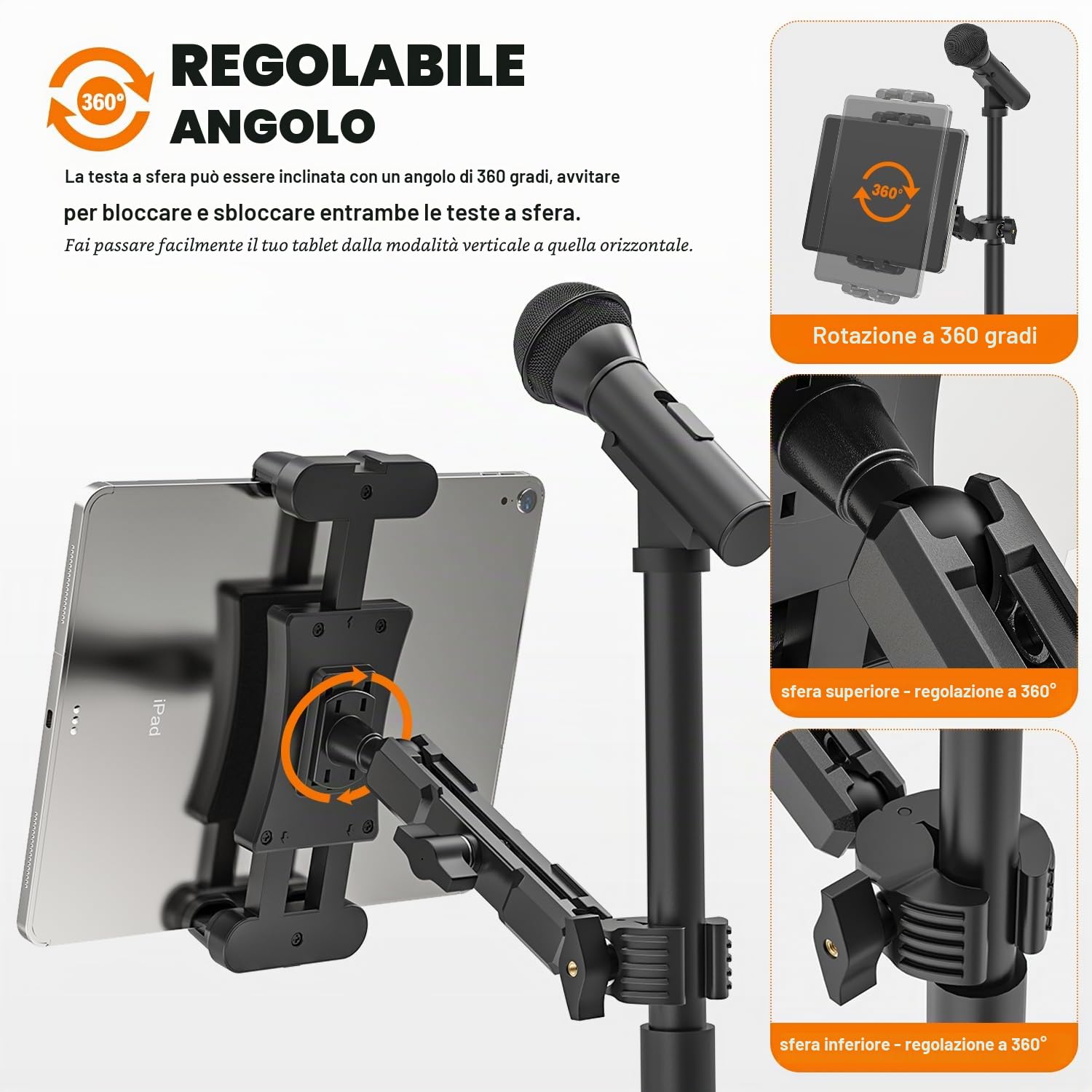 Supporto Tablet per Microfono, Support per iPad Musica Microfono, Porta Tablet per Asta Regolabile a 360° per iPad/Pro/Mini/Air, Smartphone 4,7-13,5"