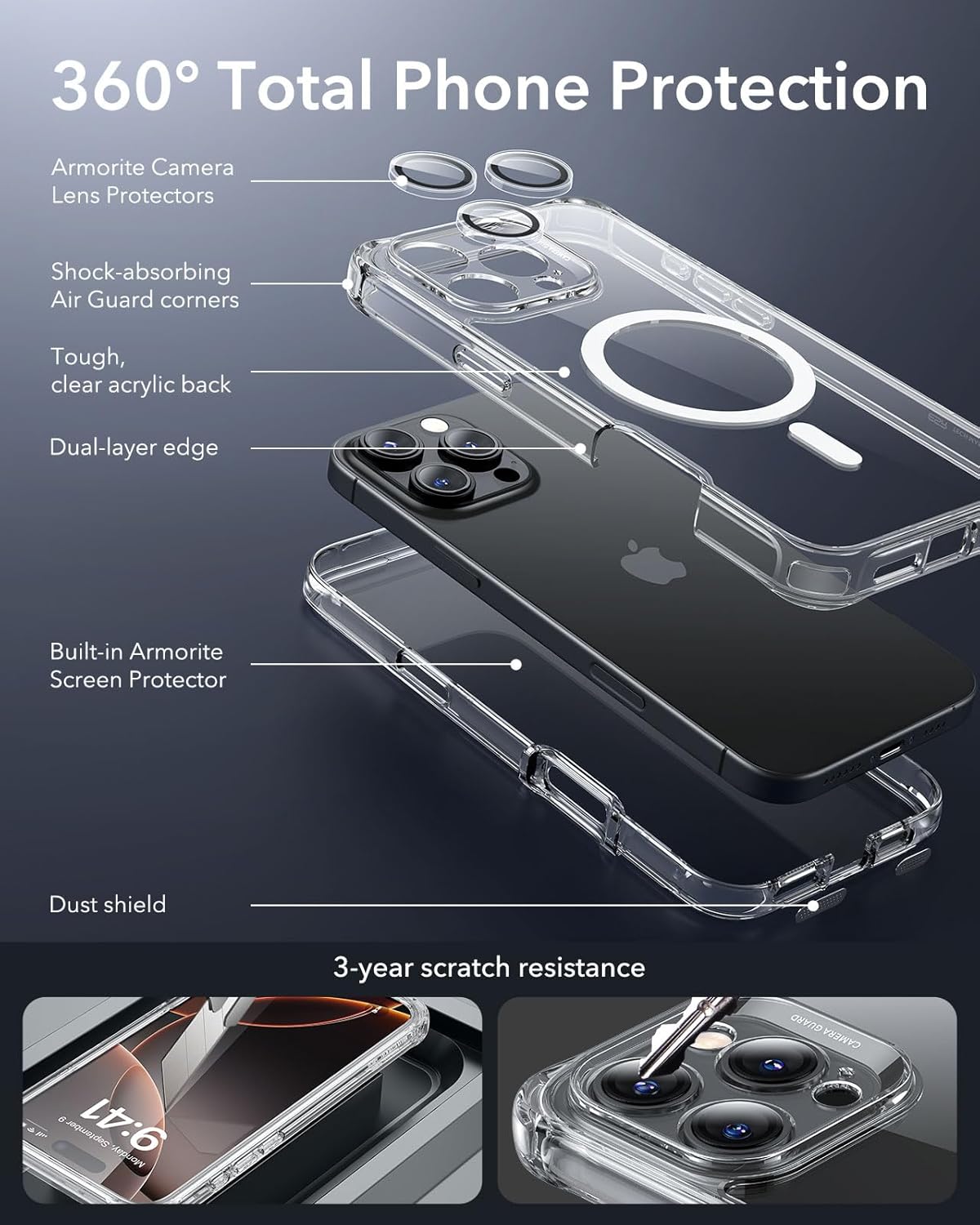 ESR for iPhone 16 Pro Case, Compatible with MagSafe, Full-Body Military-Grade Drop Proof Case with Built-in 9H+ Tempered Glass Screen Protector, Armor Series, Clear - Image 3