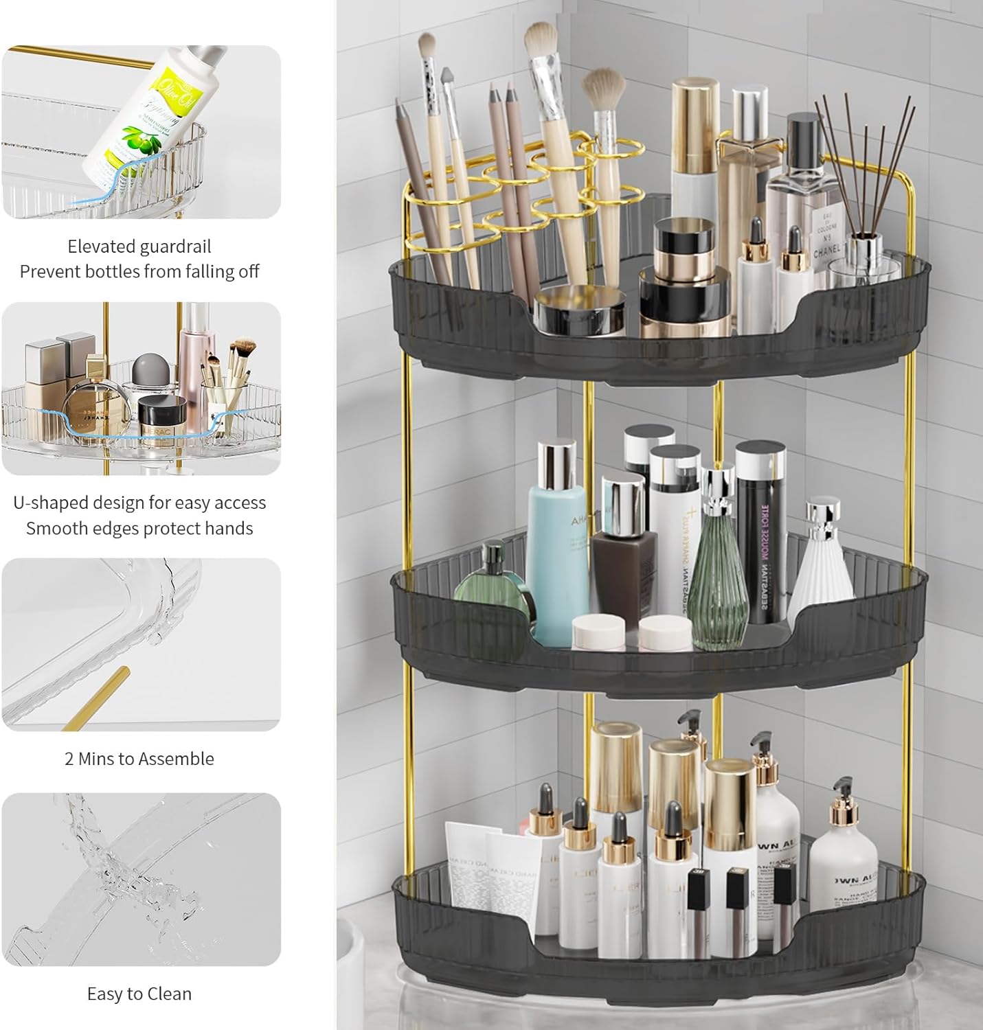 3-Tier Corner Bathroom Organizer Shelf, Perfume & Makeup Storage, (Obsidian)
