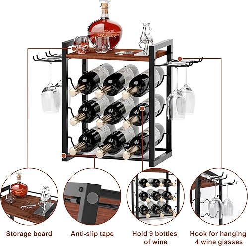 Miniatura 5 de NANAGIFTREE Estante para vino, soporte de madera para vino con bandeja, capacidad para 9 botellas de vino y 4 vasos, estante de vino independiente