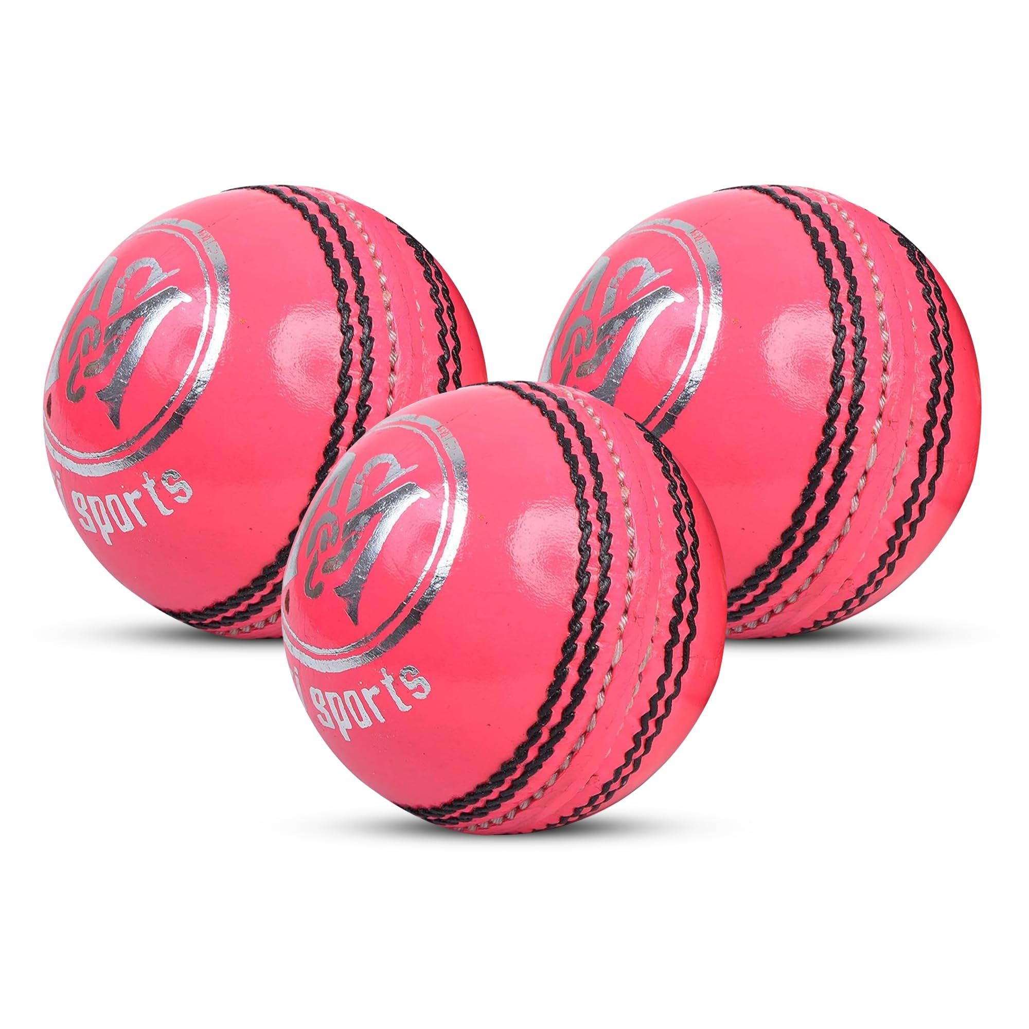 Mozi Sports Premium Leather Cricket Ball for Club Matches, Practice and Training | Senior 5.5oz & Youth 4.75oz Options | Genuine Premium and Durable Hard Cricket Balls (3x Pink Leather, Junior)