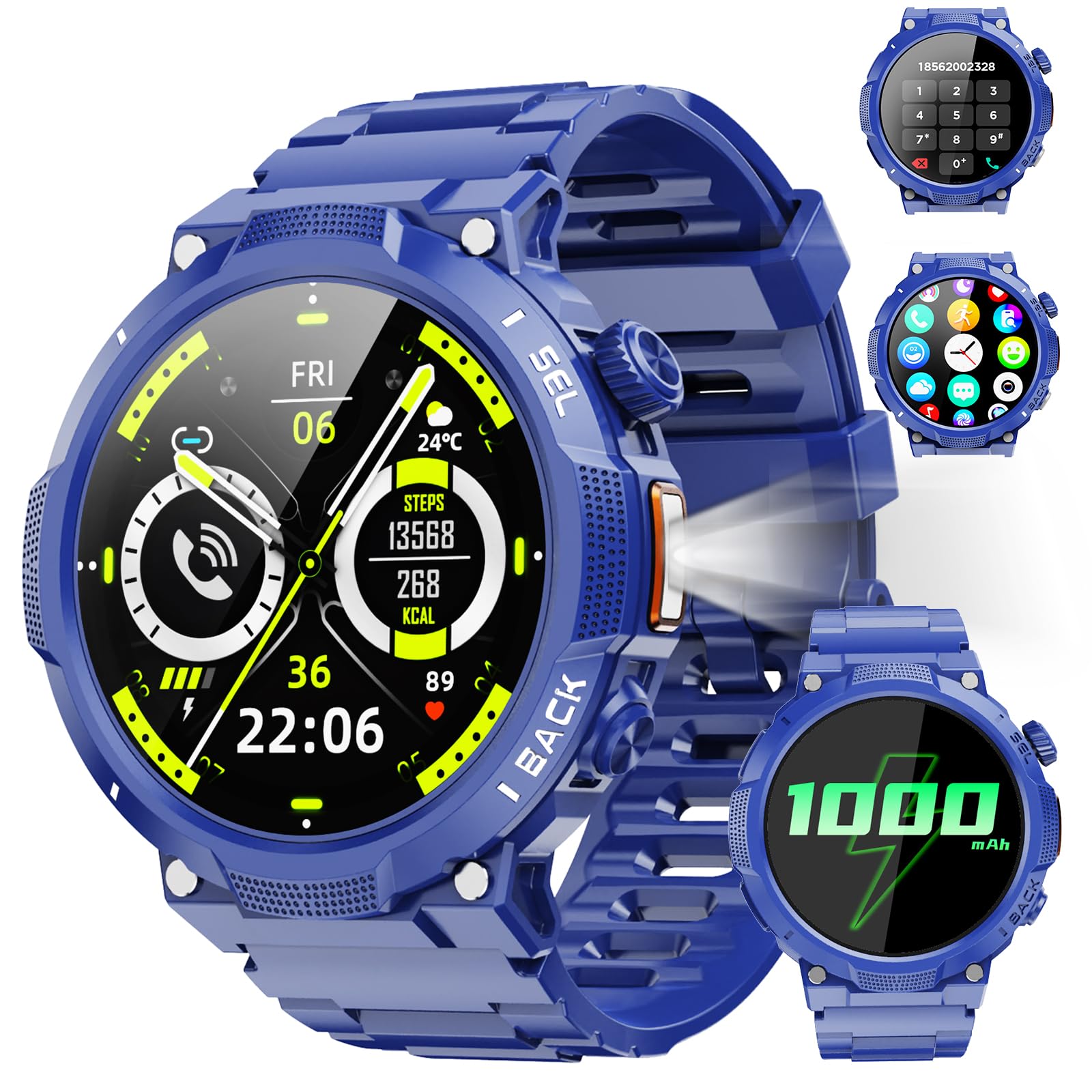 Soudorv Montre Connectée Homme, Militaire Smartwatch avec LED Lampe, Bleu