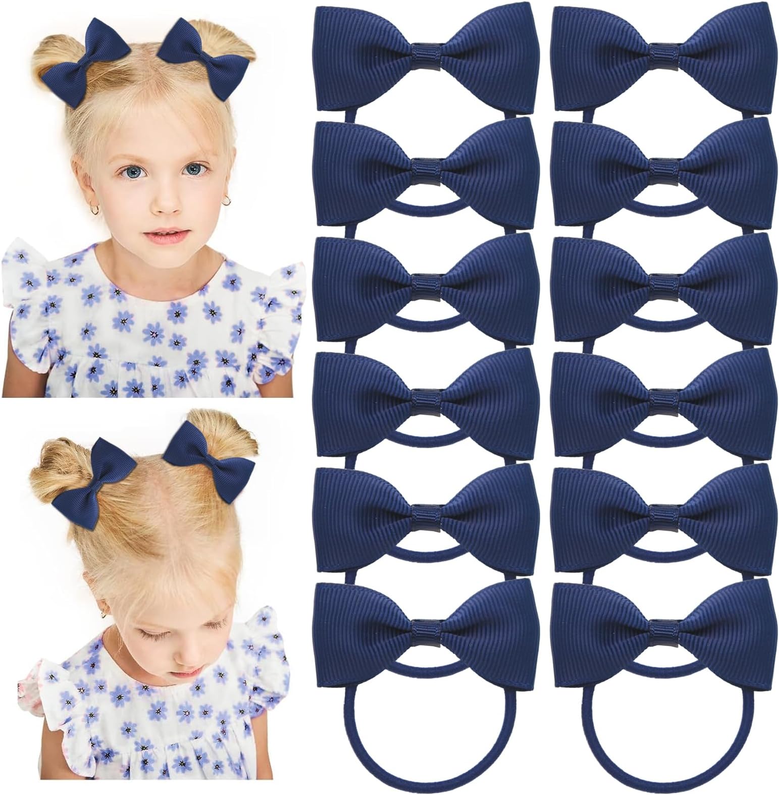 12 Pcs Girls Bows Hair Ties, School Hair Accessories Bow Bobbles Hair Bows and Elastics Hair Bands, Great Match for School Uniform (Navy)