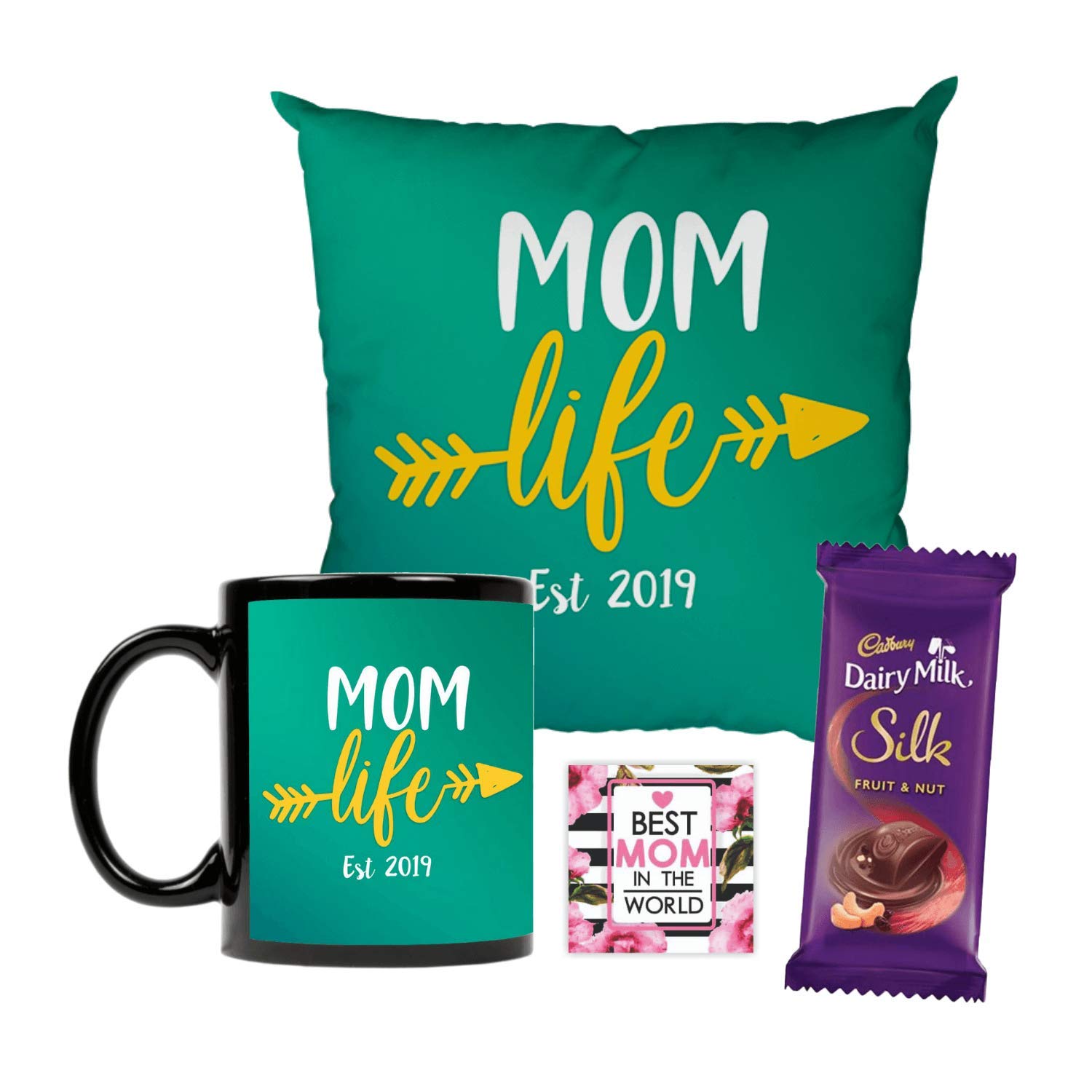 YaYa cafe™ Mother's Day Chocolate Gifts Combo for New - Mom Life 2019 Est Mug, Cushion Cover, 1 Cadbury Dairy Milk Silk (60 gm), with Coaster-image-37