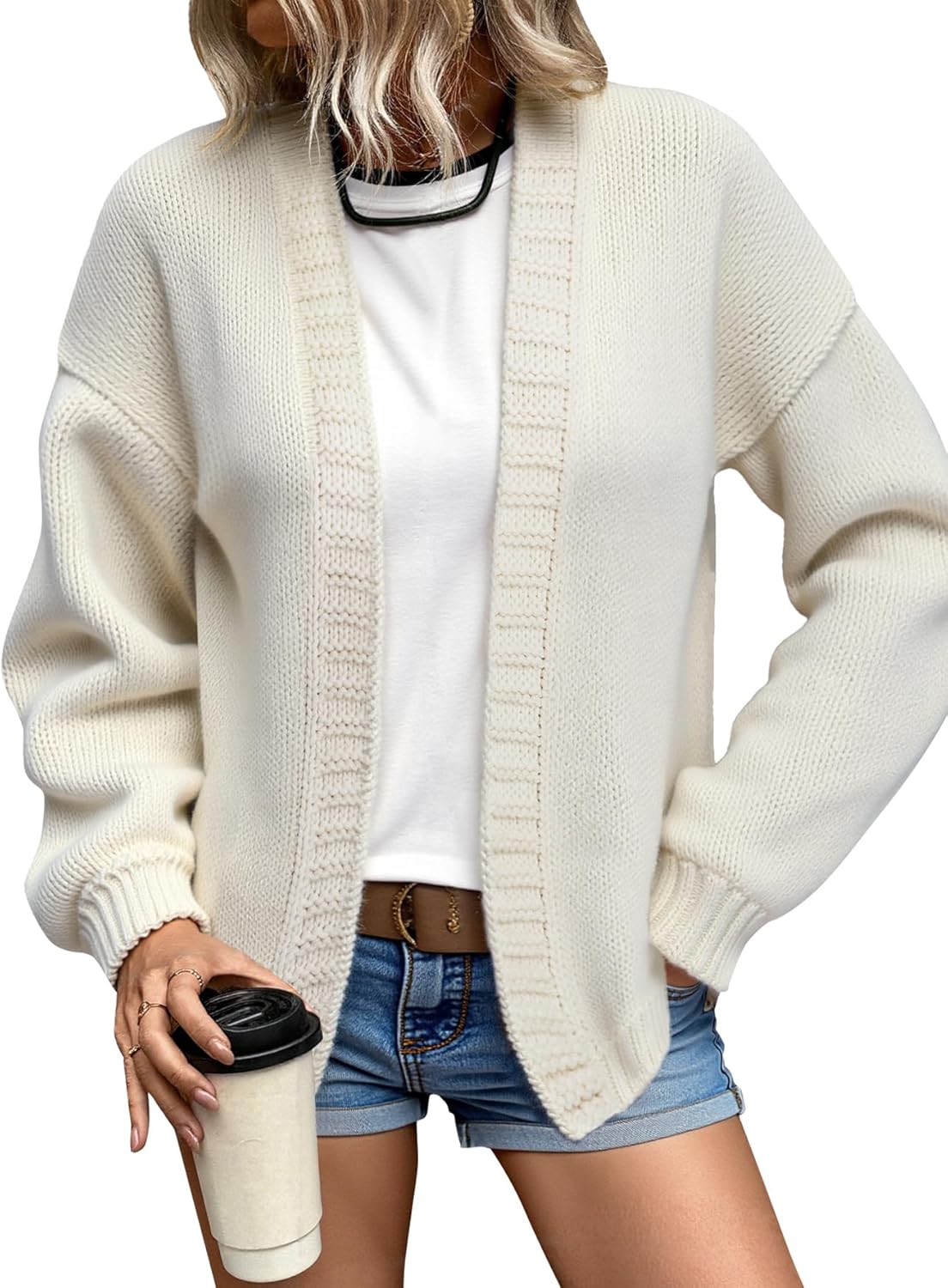 Women’s Chunky Knit Cardigan Open Front Sweater, Oversized Lantern Sleeve Fall Winter Loose Knitwear Casual Outwear Jacket - Image 6