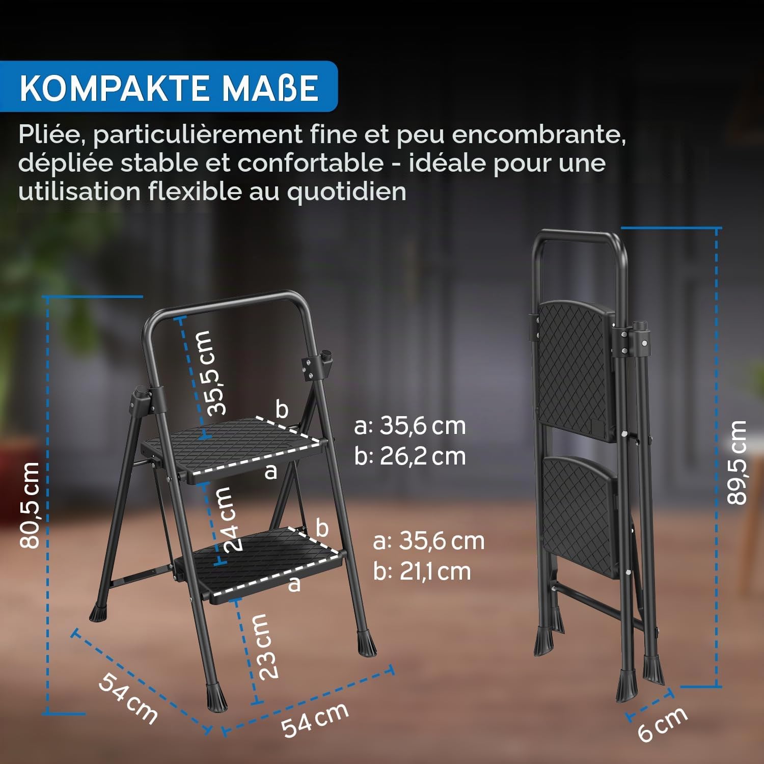 kör4u Escabeau à 2 marches, charge maximale jusqu'à 150 kg, pliant et peu encombrant, escabeau domestique stable, marches antidérapantes, cadre en acier, noir