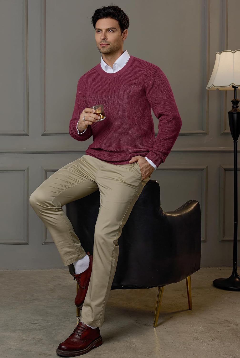 Mens Waffle Dress Sweater Loose-Fit Knit Textured Stretch Pullover Top (S-XXL) - Image 5