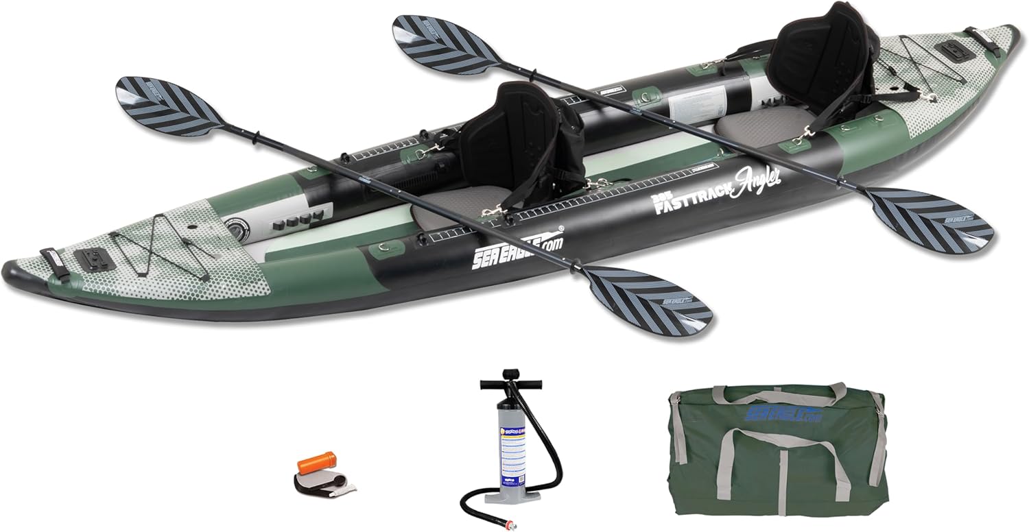 385FTA Fasttrack Angler 1–2-Person Inflatable Hunter Green Fishing Kayak-External Rigid Inflatable Keel, Rugged Hull Material, Non-Slip Padded Floor, Stitch Floor w/Seat(s), Paddle(s), Pump & Bag