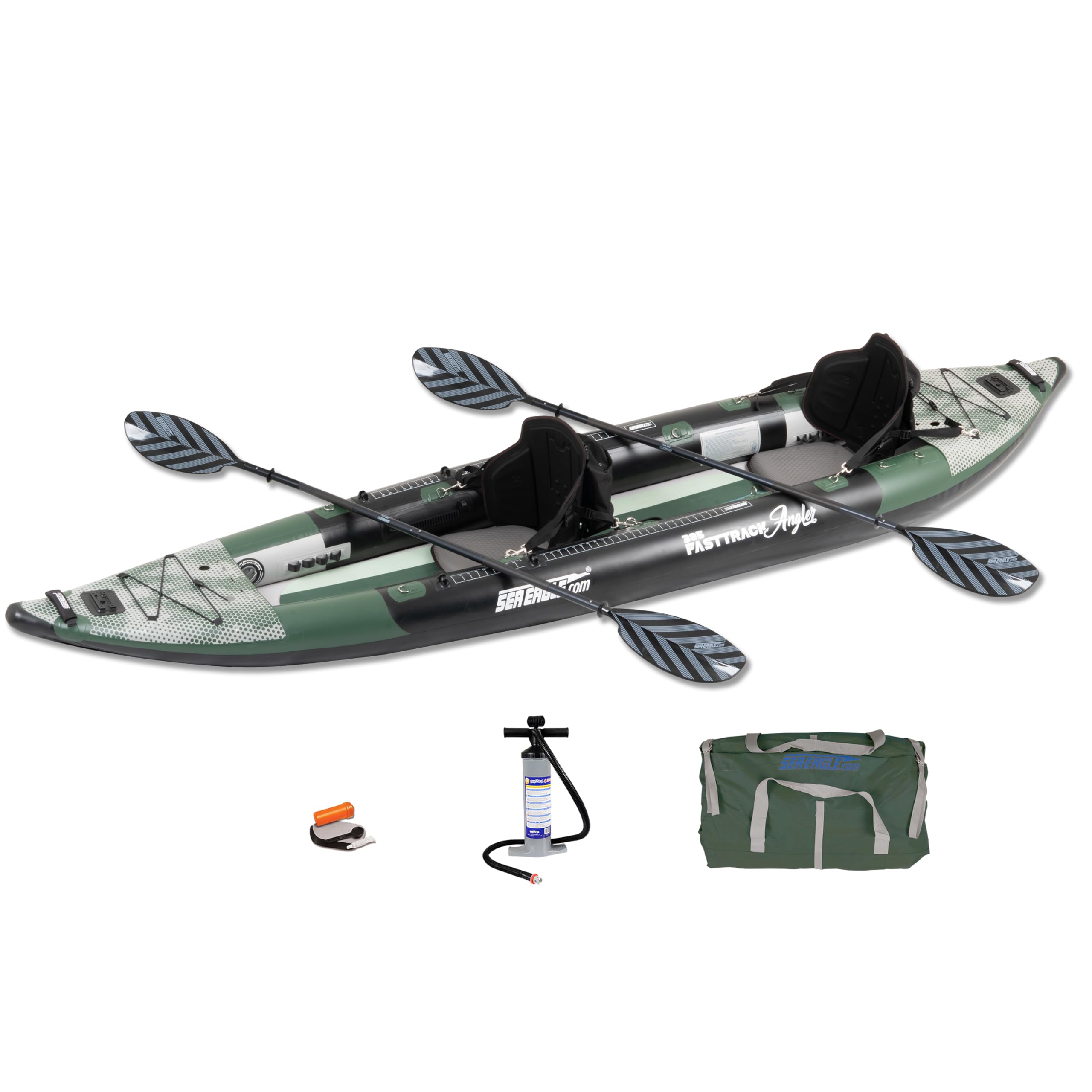 385FTA Fasttrack Angler 1–2-Person Inflatable Hunter Green Fishing Kayak-External Rigid Inflatable Keel, Rugged Hull Material, Non-Slip Padded Floor,