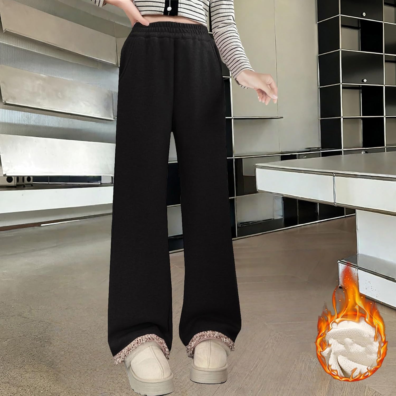 Girls Fleece Sweatpants Lace Bottom Baggy Wide Leg Warm Sport Pants Teen Kids Winter Thick Joggers Trousers with Pockets