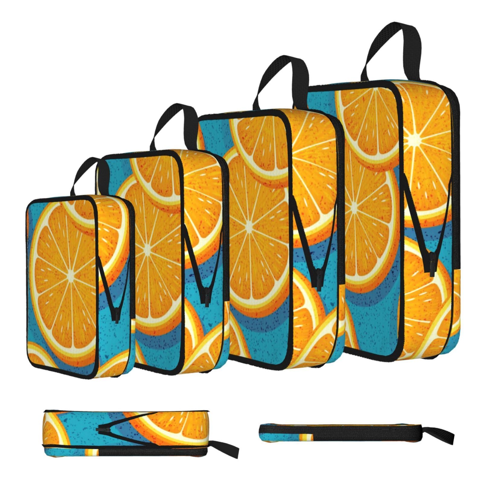 Fresh Orange Fruit Print Compression Packing Cubes 4-Piece Set With Multi- Compartment Travel Bag, Waterproof Suitcase Organiser Bags