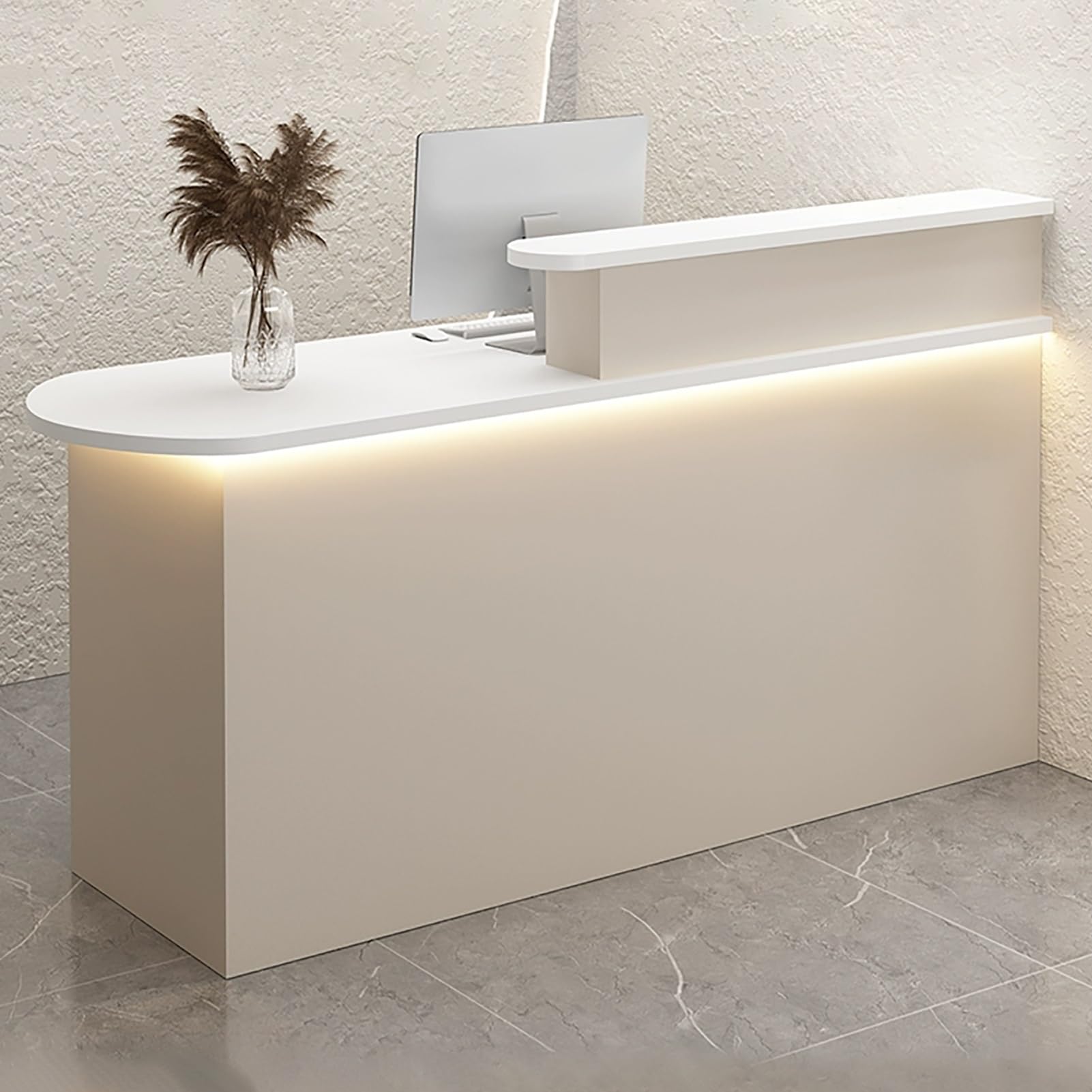 Generico Banco Reception Moderno a LED con cassetto e vano portaoggetti, Elegante complemento d'arredo per Ufficio, Salone, Negozio, Beige (130x55x100 cm), valorizza Il