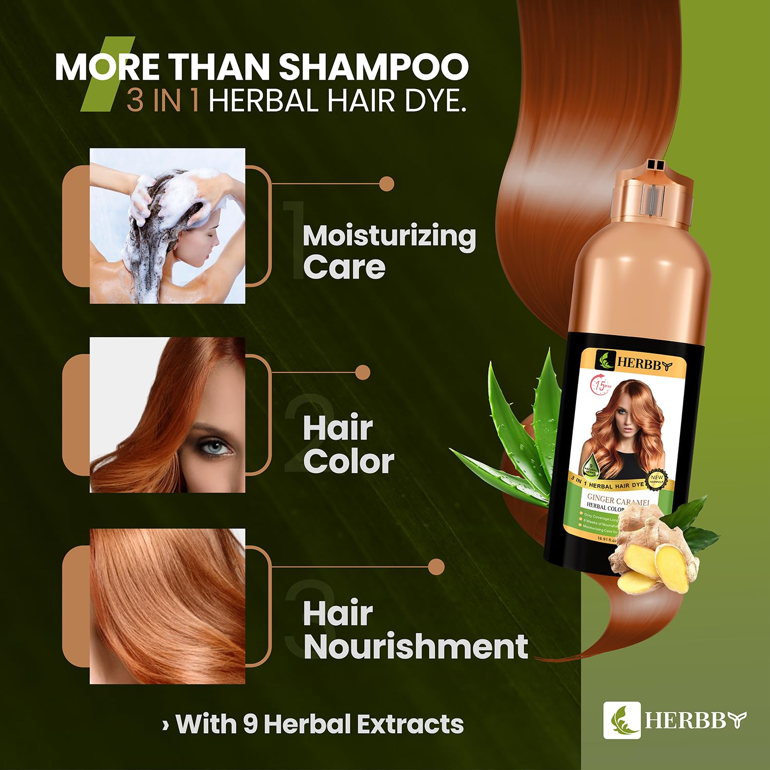 HERBBY Hair Color Shampoo for Gray Hair Coverage&Color Transform with 9 Herbal Extracts –Long Lasting(6-8 Weeks),Shiny,Evenly Colored,Instant Hair Dye Shampoo&Conditioner,500 Ml (GINGER CARAMEL COLOR) - Image 9