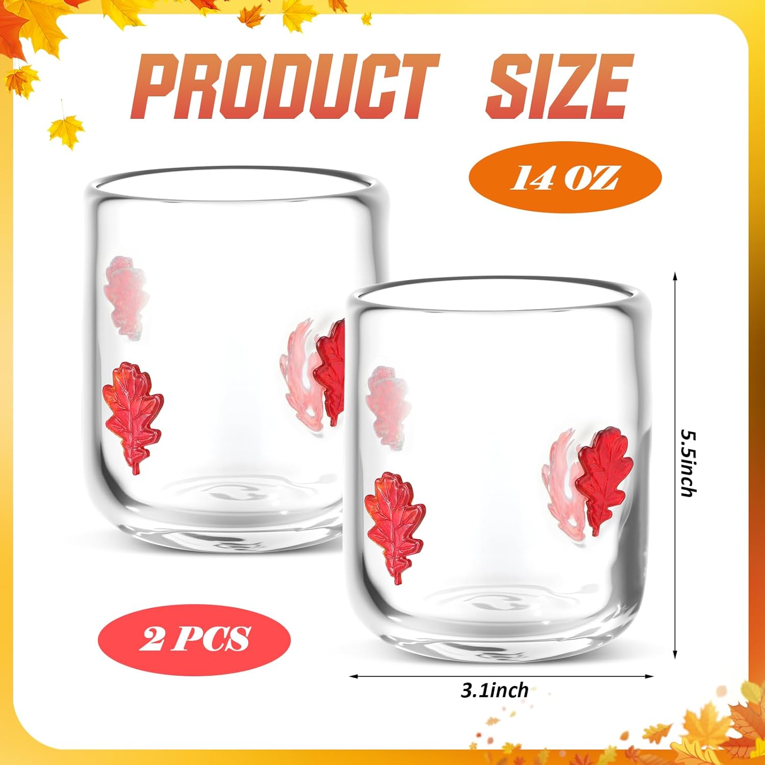 Icon Juice Glasses, 14oz Stemless Wine Drinking Juice Glass Cup for Valentine Party Supplies Gift(2 Pcs,Maple Leaf) - Image 3