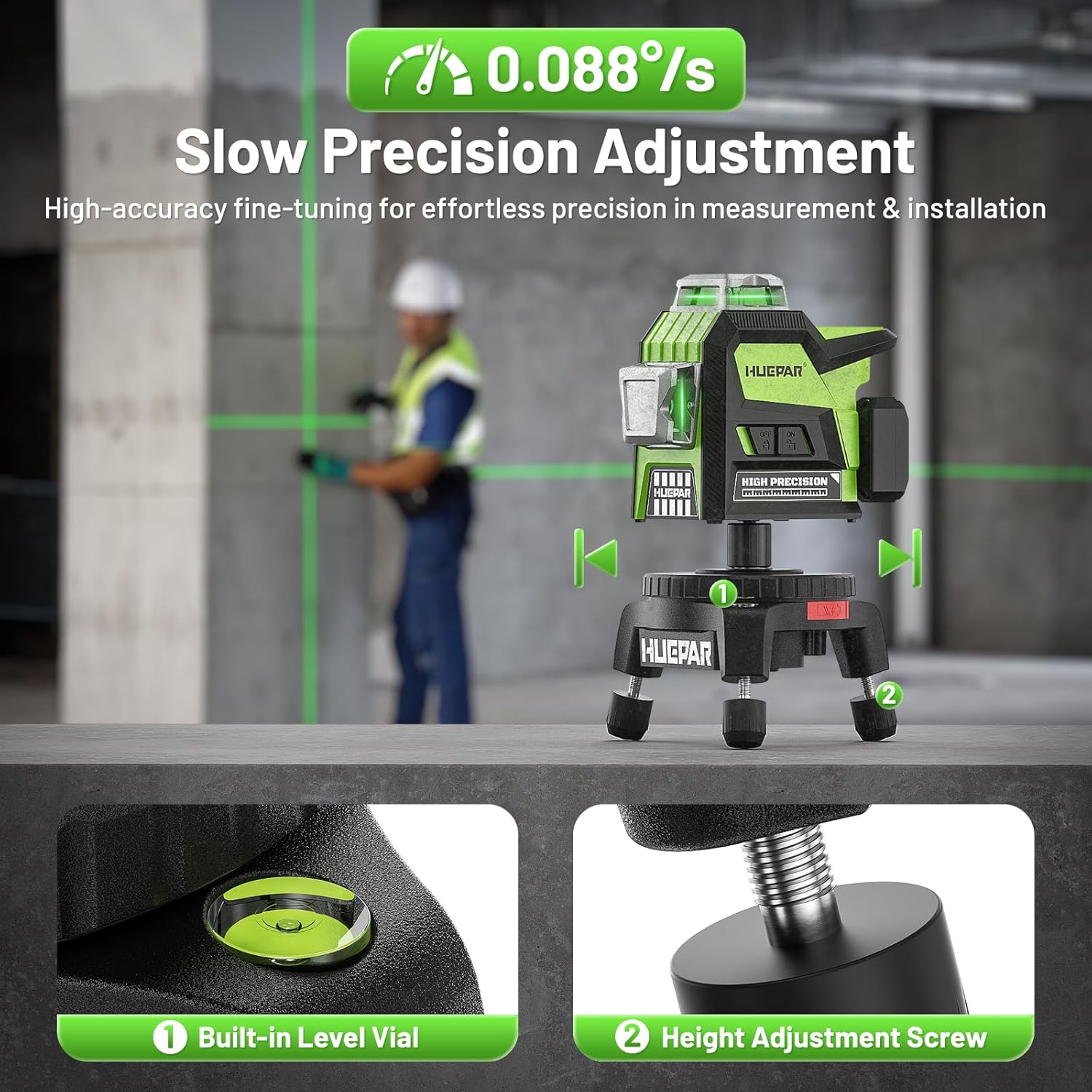 Huepar Electric Rotating Base for Laser Level – Remote Control, Dual-Speed 0.088°/s Fine Adjustment, Adjustable Tripod Legs, 5/8"-11 Thread with 1/4"-20 Adapter, 360° Motorized Turntable