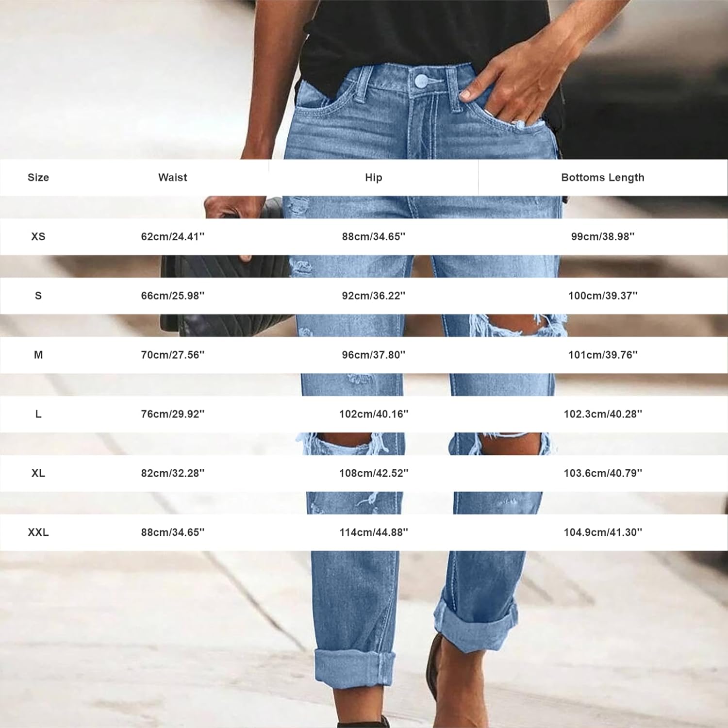 Womens Jeans High Waist Stretch Ripped Cropped Denim Pants Distressed Rolled Cuff Boyfriend Streetwear with Pockets