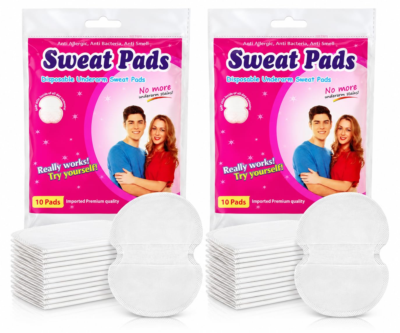 Disposable Underarm Sweat Pads for Women & Men, Ultra Thin Armpit Perspiration Guards, Self Adhesive Clothing Protectors, Invisible Blouse Shields, Anti Sweat Protection, Pack of 2 (10 Pieces Each)