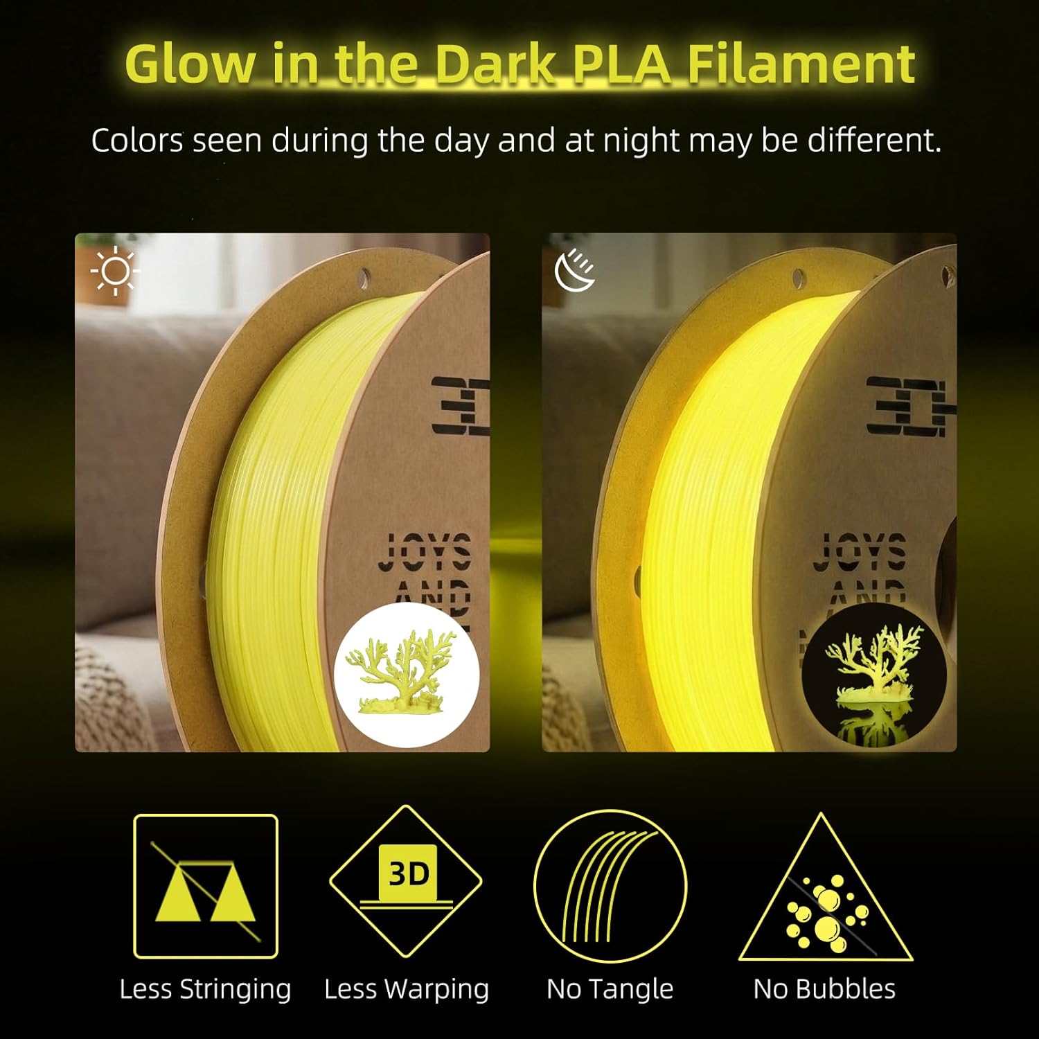 3DHoJor PLA Glow in The Dark Filament 1.75mm 1Kg, 3D Printing Luminous Filament 1.75mm Dimensional Accuracy +/- 0.03mm, Fit Most FDM 3D Printers-Glow Yellow