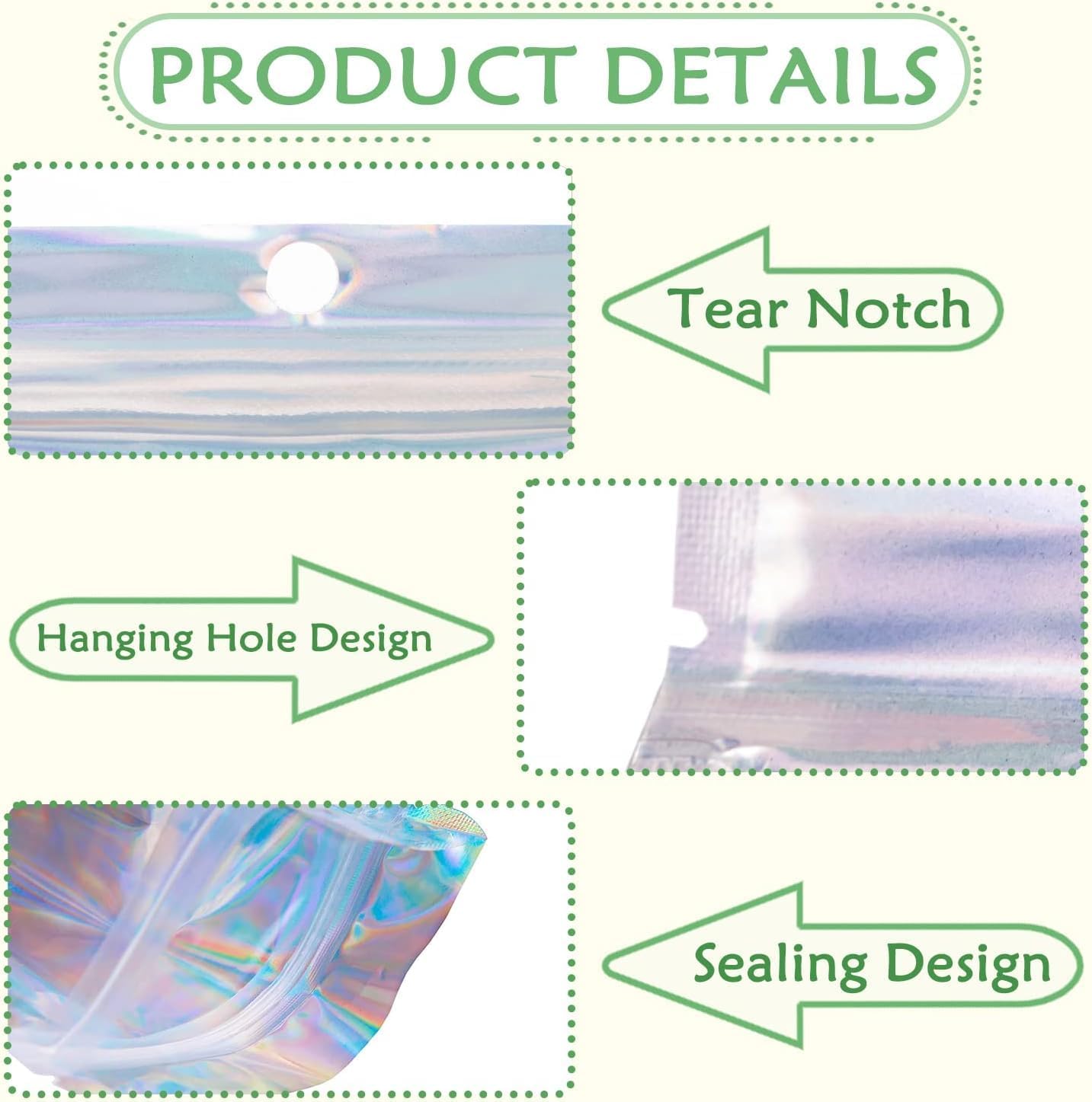GSXRB 100 Pieces Holographic Rainbow Mylar Bags, Resealable, Smell Proof, Zipper Closure, Plastic, Mylar Sealed Edges, 6.3x9.4 Inch, Clear Window, Perfect for Small Business and Packaging image 3