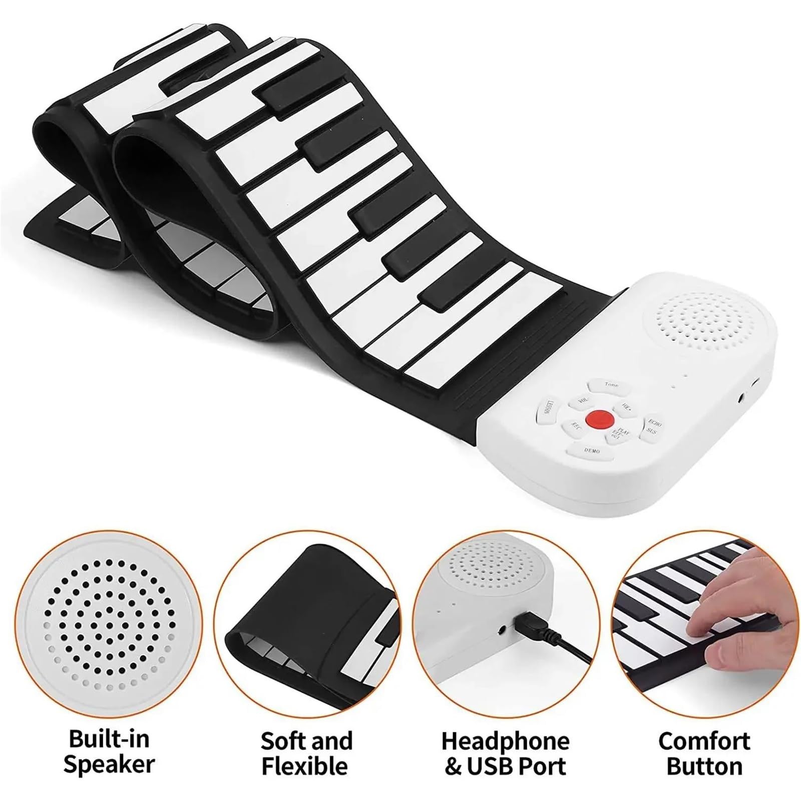 Pianino Elektroniczne 49 Klawiszowa Klawiatura Muzyczna Przenośne Silikonowe Zwijane Pianino Elektroniczne Dla Miłośników Muzyki(Black White)