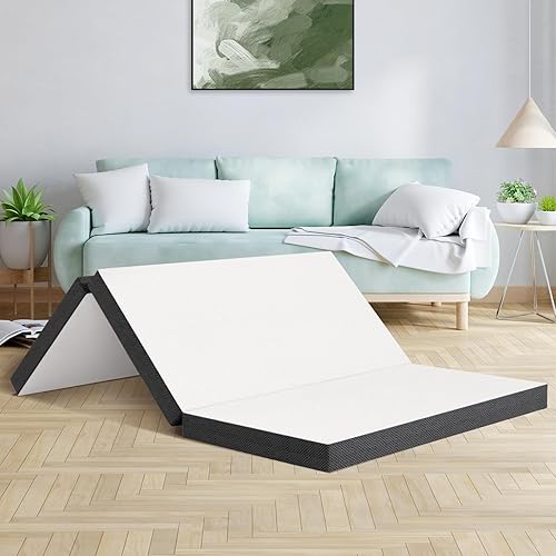 Dkelincs Colchón plegable de 4 pulgadas, triple pliegue, de espuma viscoelástica, portátil, plegable, para campamento, invitados, yoga, blanco